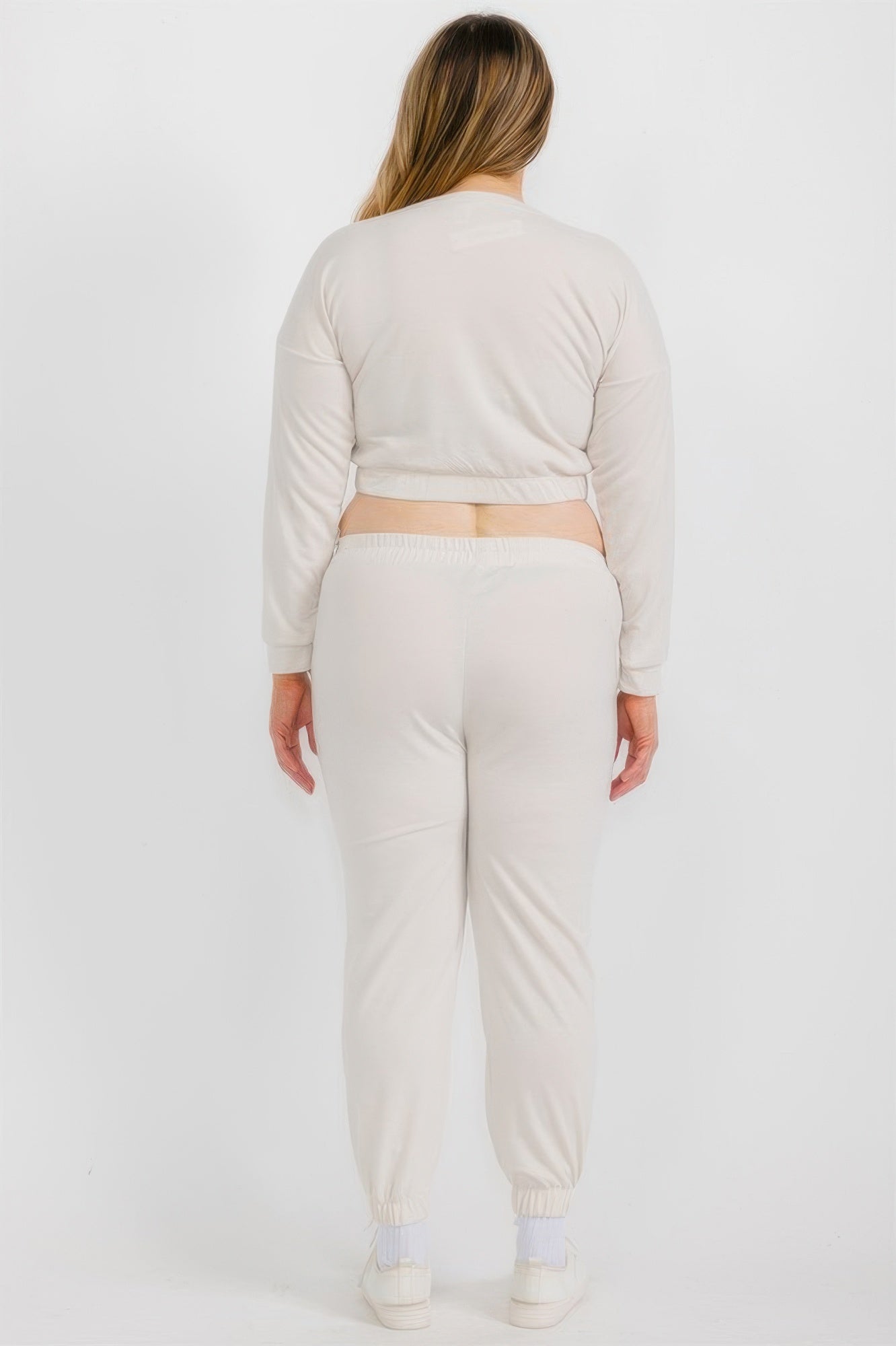 Cloud beige plus size set, back view of French terry pullover and jogger pants