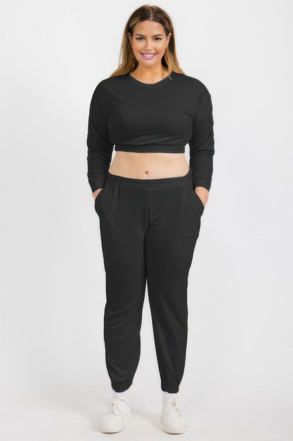 Plus Size French terry pullover & joggers set, black with long sleeves and cuffed legs