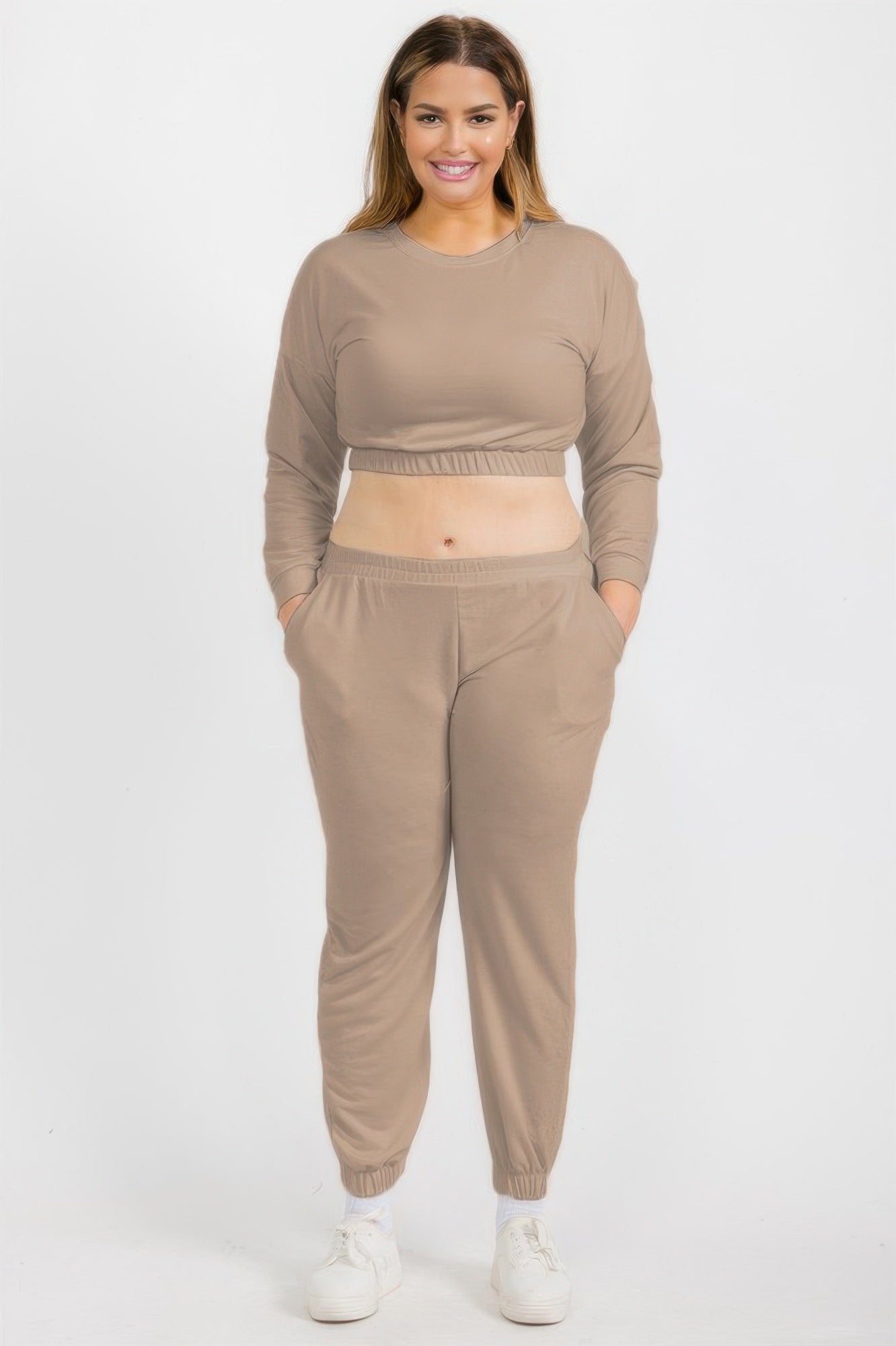 Plus Size French terry pullover & joggers set, taupe with long sleeves and jogger cuffs