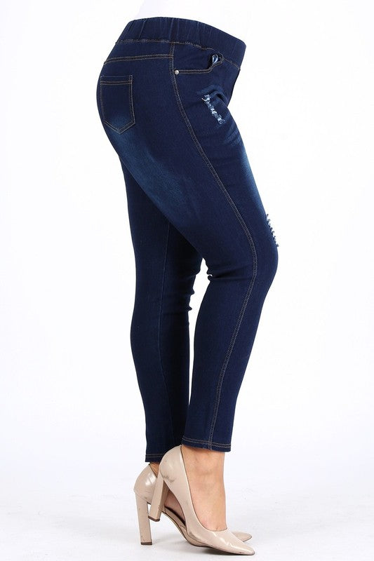 Medium blue plus size high-waist denim jeggings with side ripped patches