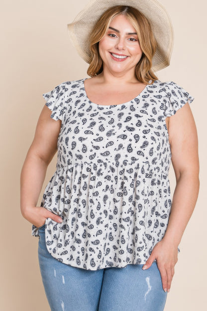 Plus Size Paisley Flutter Sleeves Top - Tigbul's Variety Fashion Shop