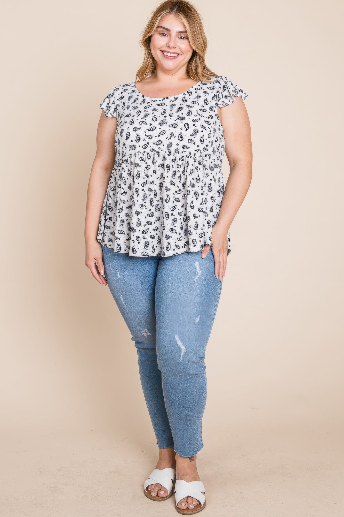 Plus Size Paisley Flutter Sleeves Top - Tigbul's Variety Fashion Shop