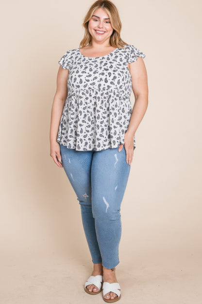 Plus Size Paisley Flutter Sleeves Top - Tigbul's Variety Fashion Shop