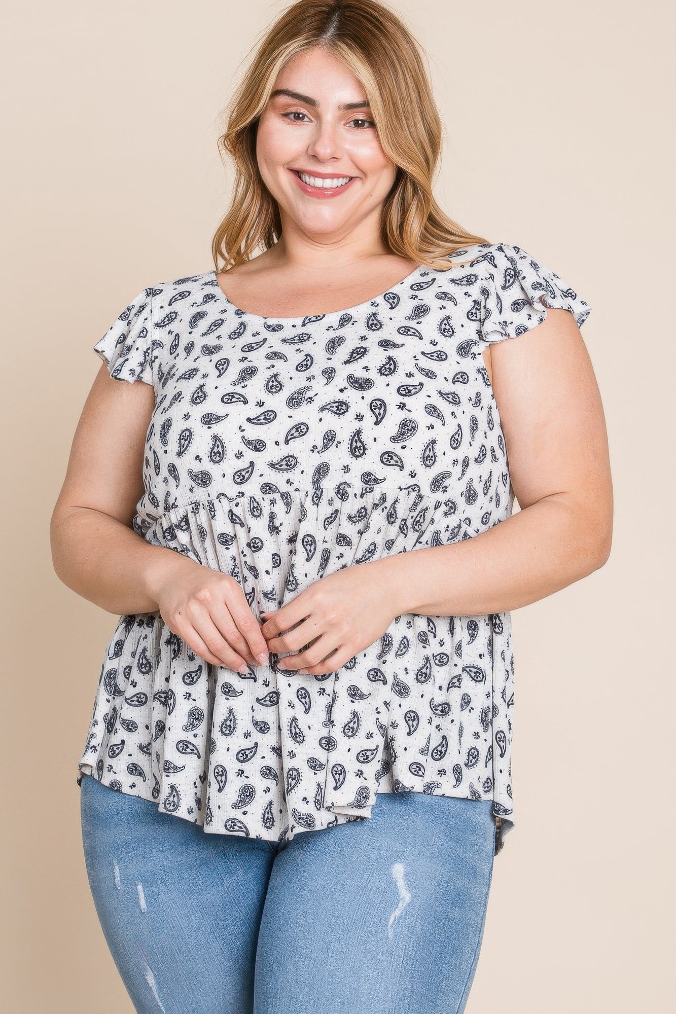 Plus Size Paisley Flutter Sleeves Top - Tigbul's Variety Fashion Shop