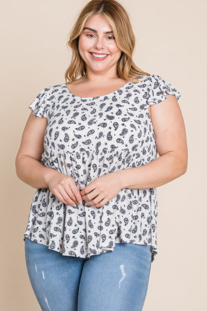 Plus Size Paisley Flutter Sleeves Top - Tigbul's Variety Fashion Shop