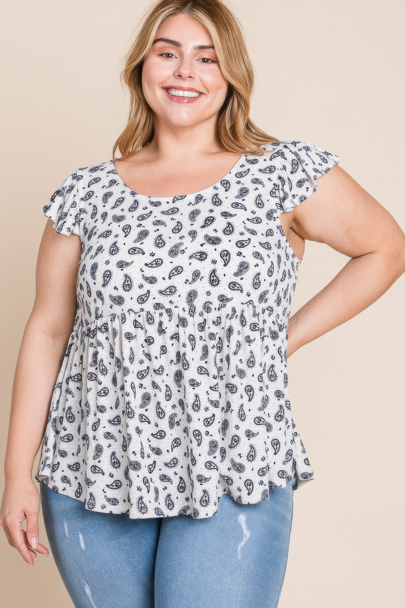 Plus Size Paisley Flutter Sleeves Top - Tigbul's Variety Fashion Shop