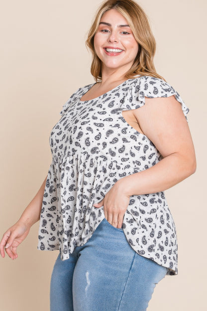 Plus Size Paisley Flutter Sleeves Top - Tigbul's Variety Fashion Shop
