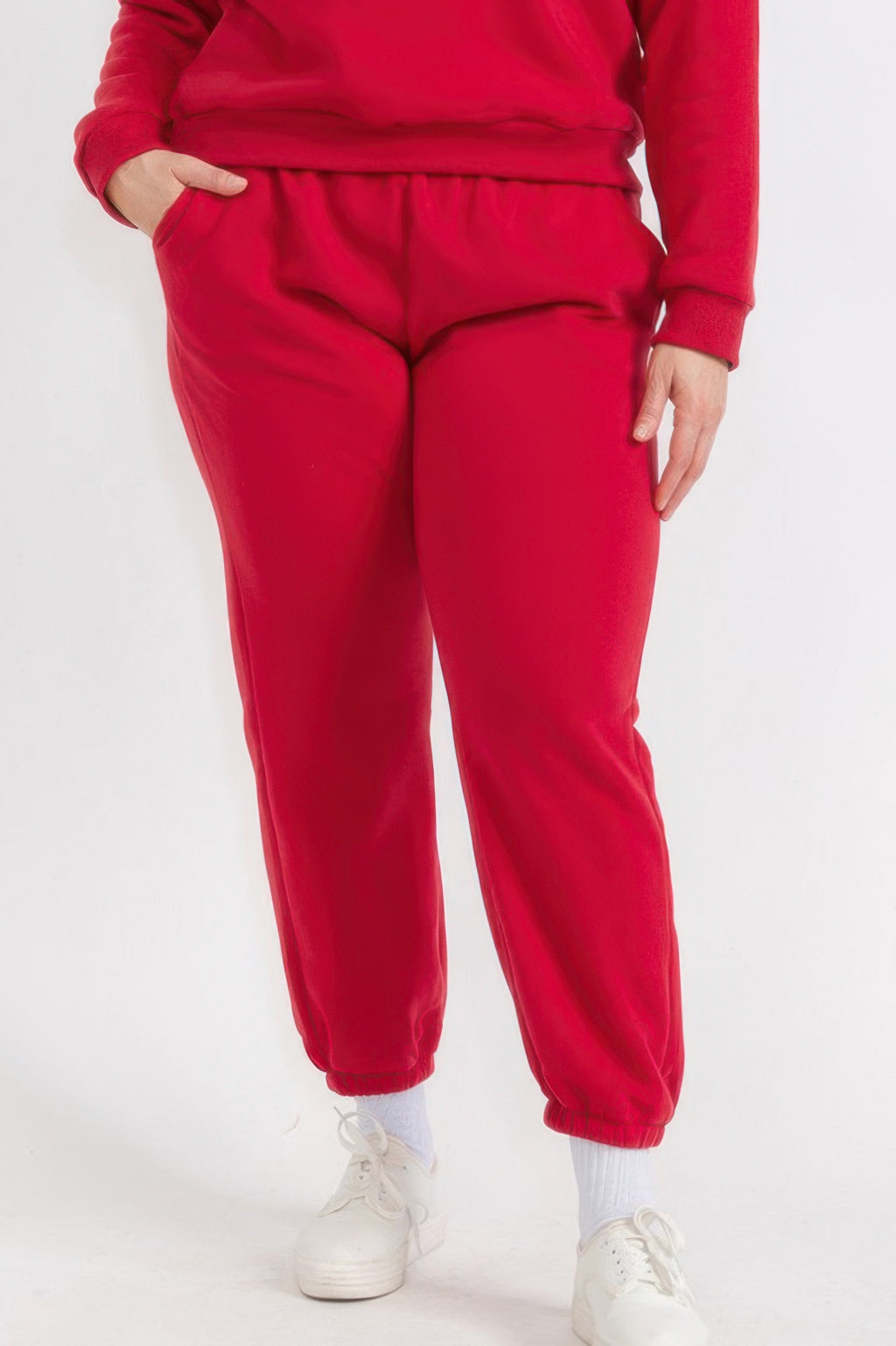 Plus Size poly fleece joggers, red with elastic waistband and tapered leg cuffs