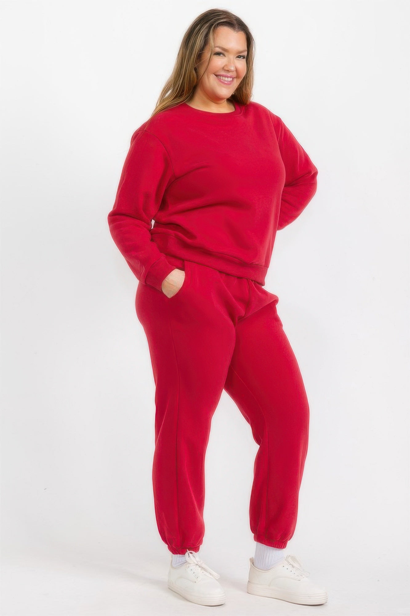 Red fleece joggers for plus size, roomy fit with cuffed ankles and elastic waist