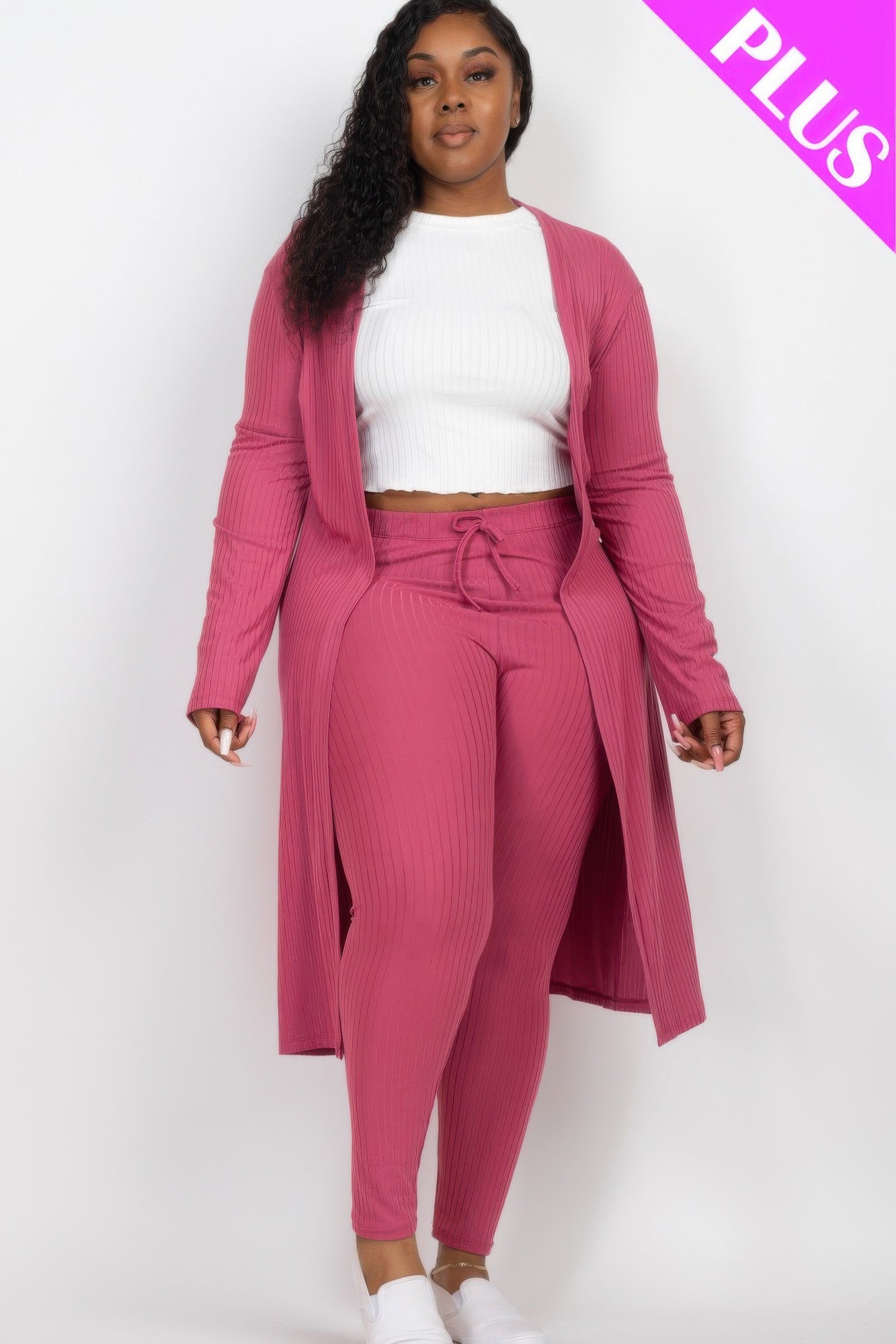 Ribbed long cardigan and leggings set, plus size, rose-mauve