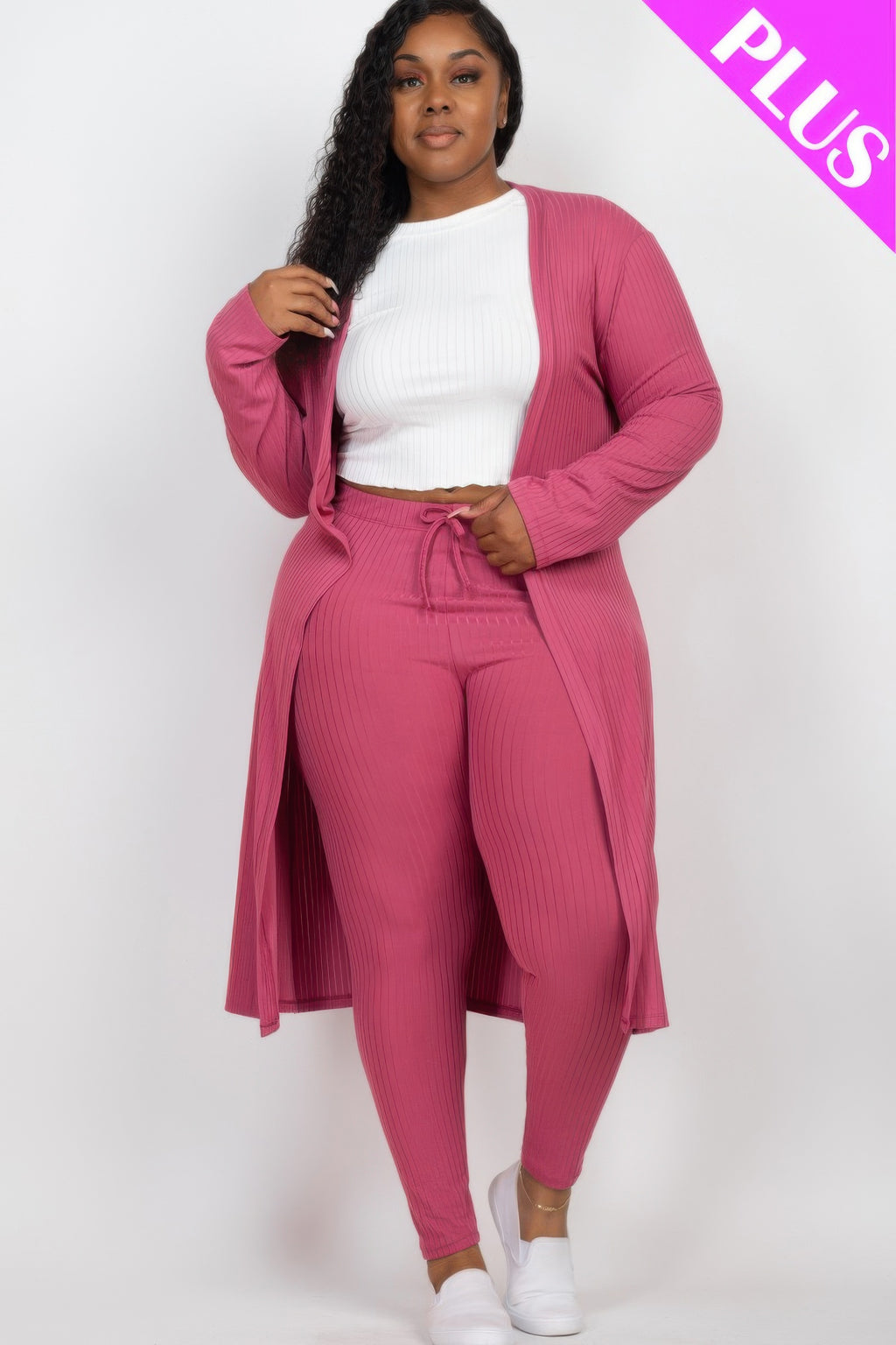 Rose-mauve long ribbed cardigan open front with drawstring leggings