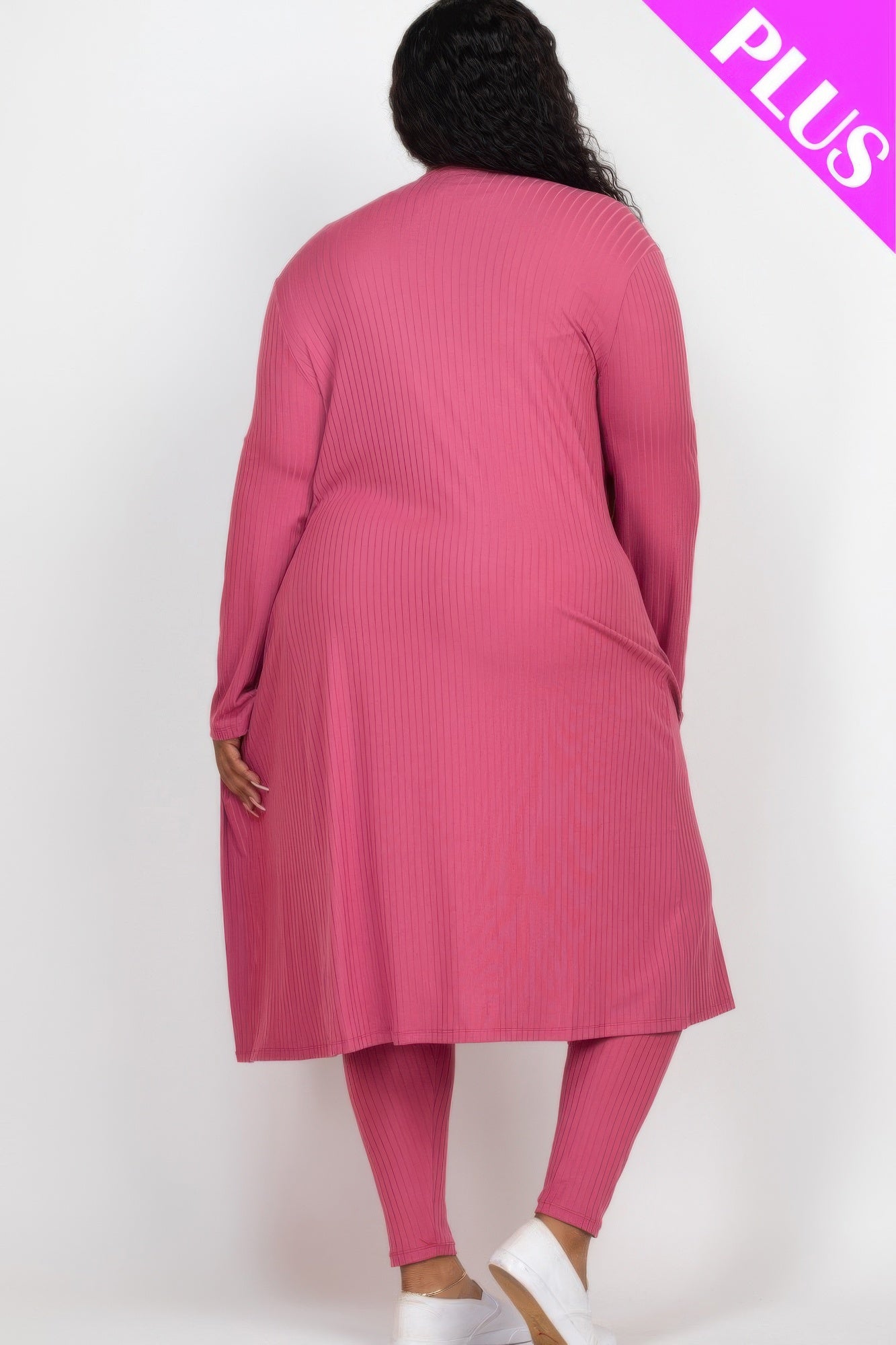 Back view rose-mauve long ribbed cardigan with matching leggings