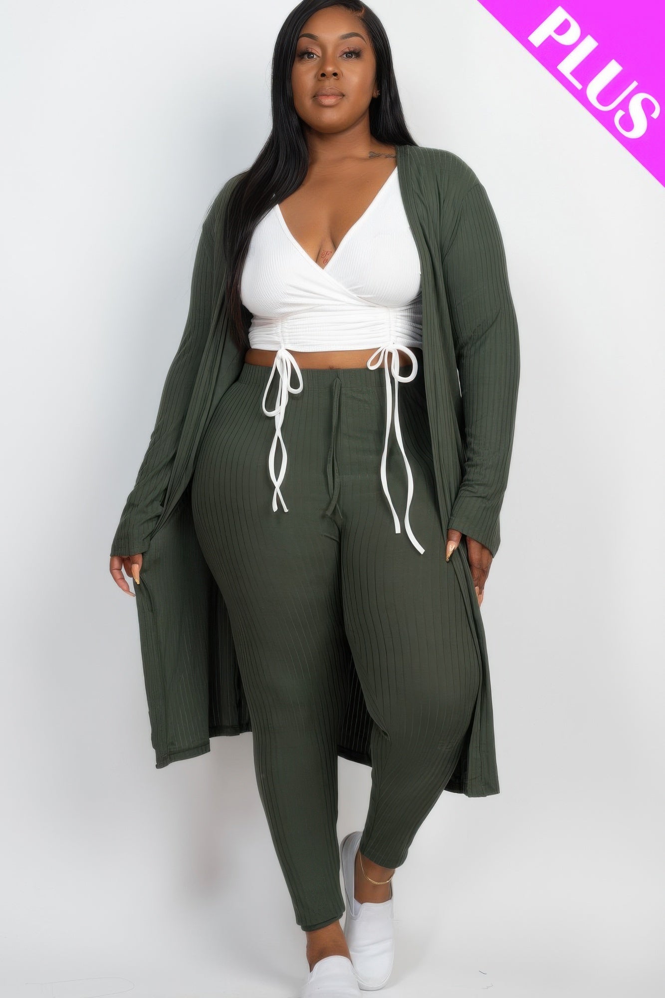 Olive green ribbed long cardigan with matching leggings, plus size set