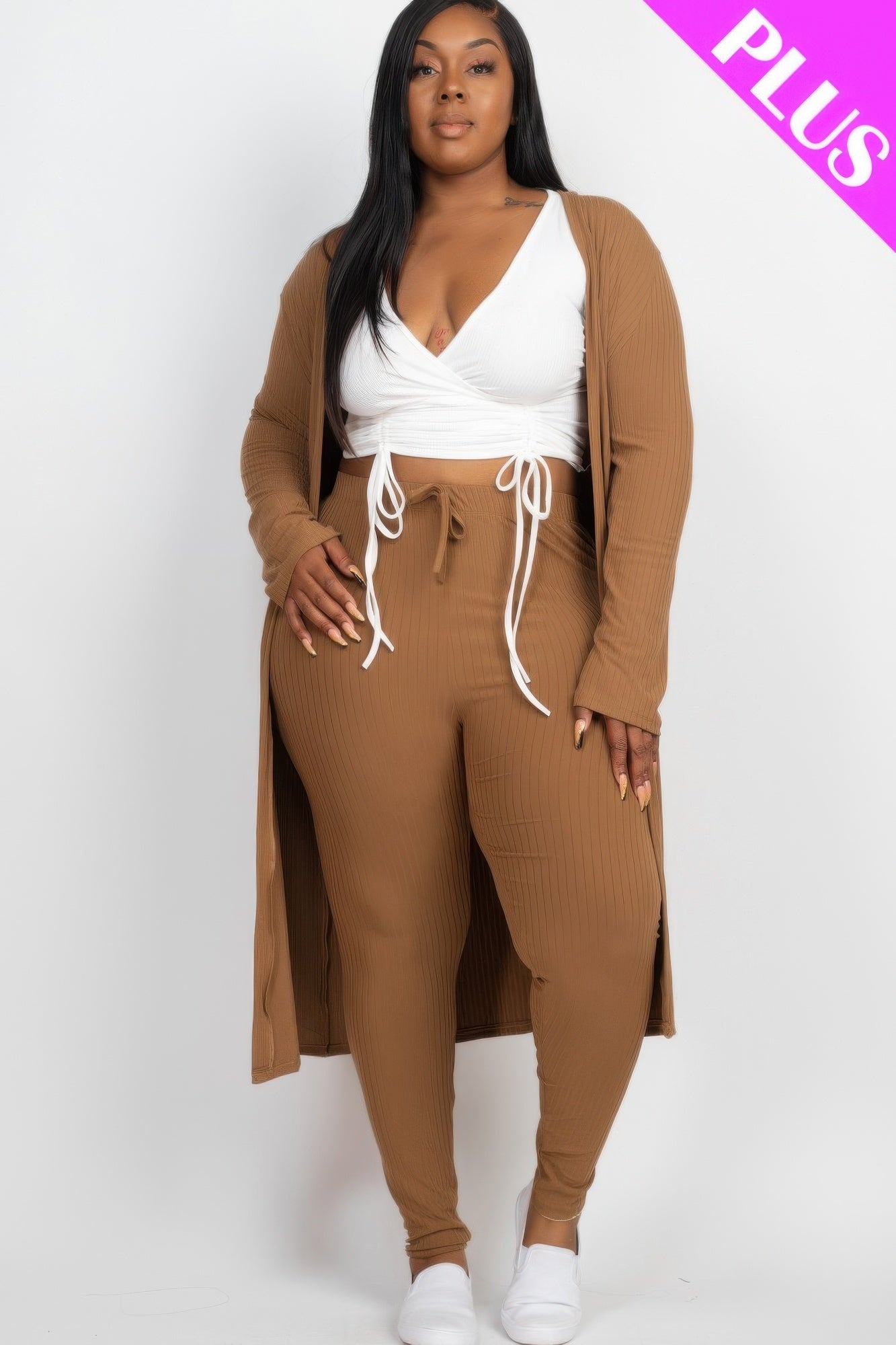 Camel brown ribbed long cardigan with matching leggings and tie-waist top
