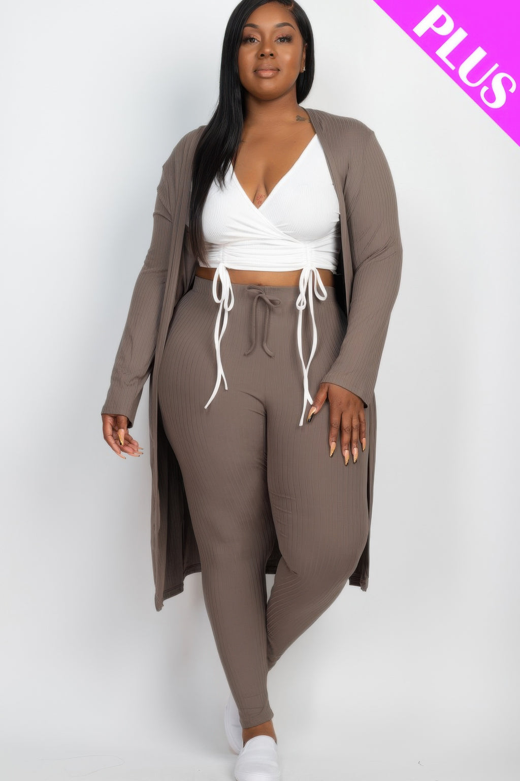 Taupe ribbed long cardigan with matching leggings, drawstring waist detail