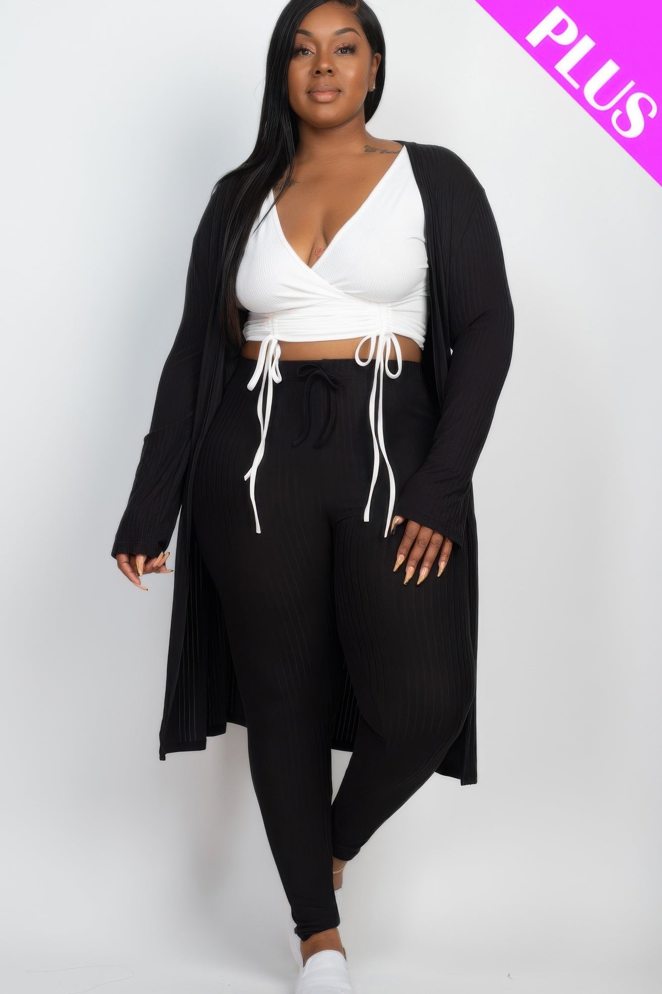 Black ribbed long cardigan with matching leggings and white drawstring ties