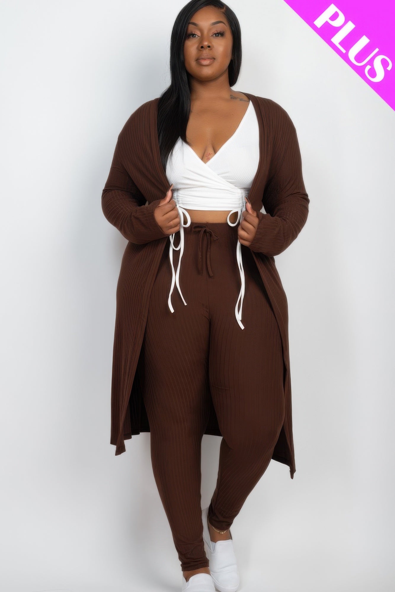 Mocha-brown ribbed long cardigan with matching leggings, plus size set