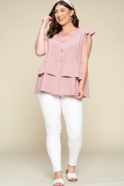 Plus Size Solid Button Flutter Sleeve Top - Tigbul's Variety Fashion Shop
