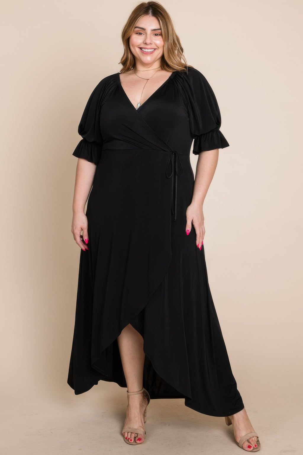 Plus Size Solid faux wrap maxi dress, black, V-neck, puff sleeves, tie waist, draped hem