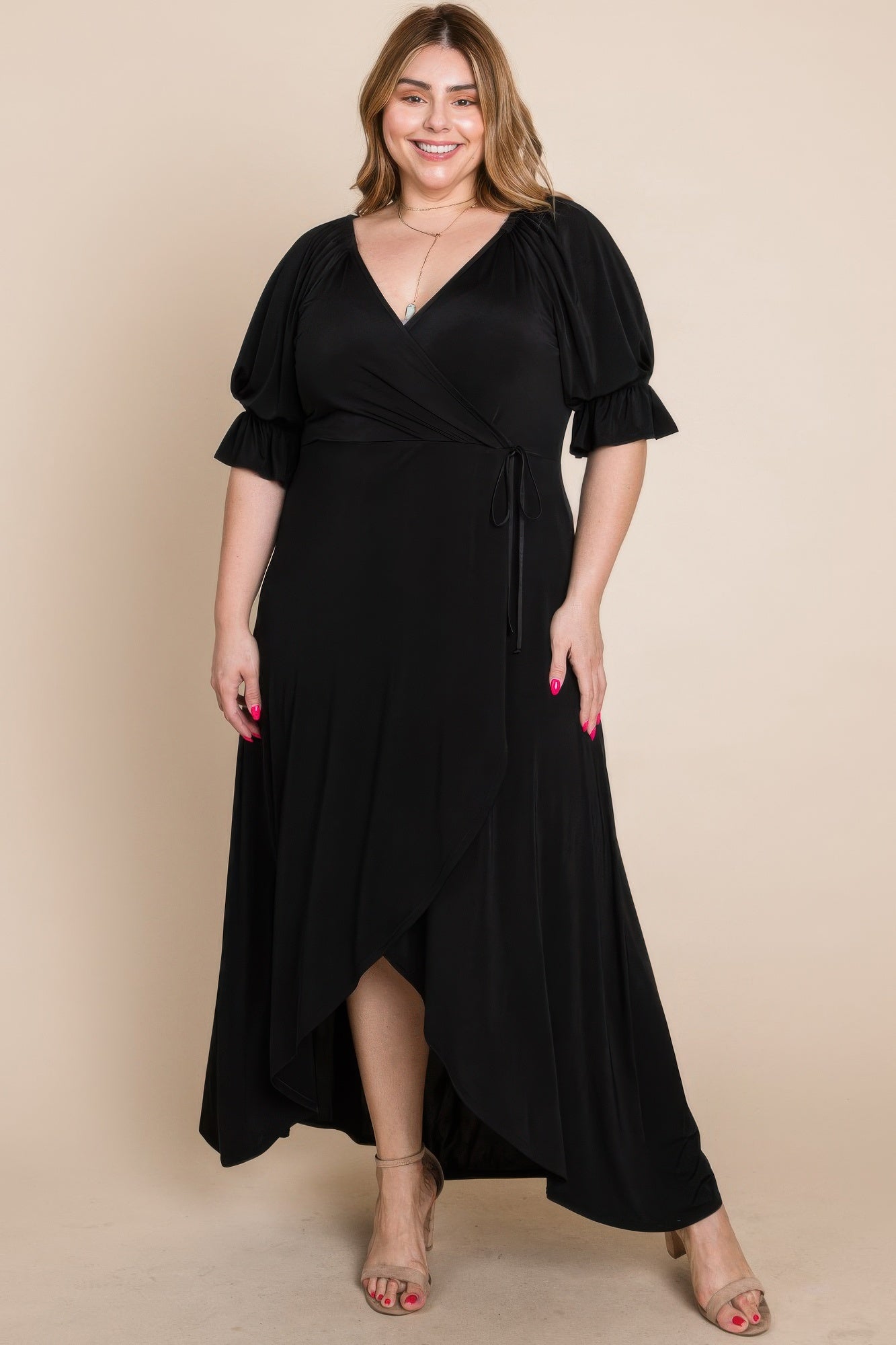 Plus Size Solid faux wrap maxi dress, black, V-neck, puff sleeves, tie waist, draped hem