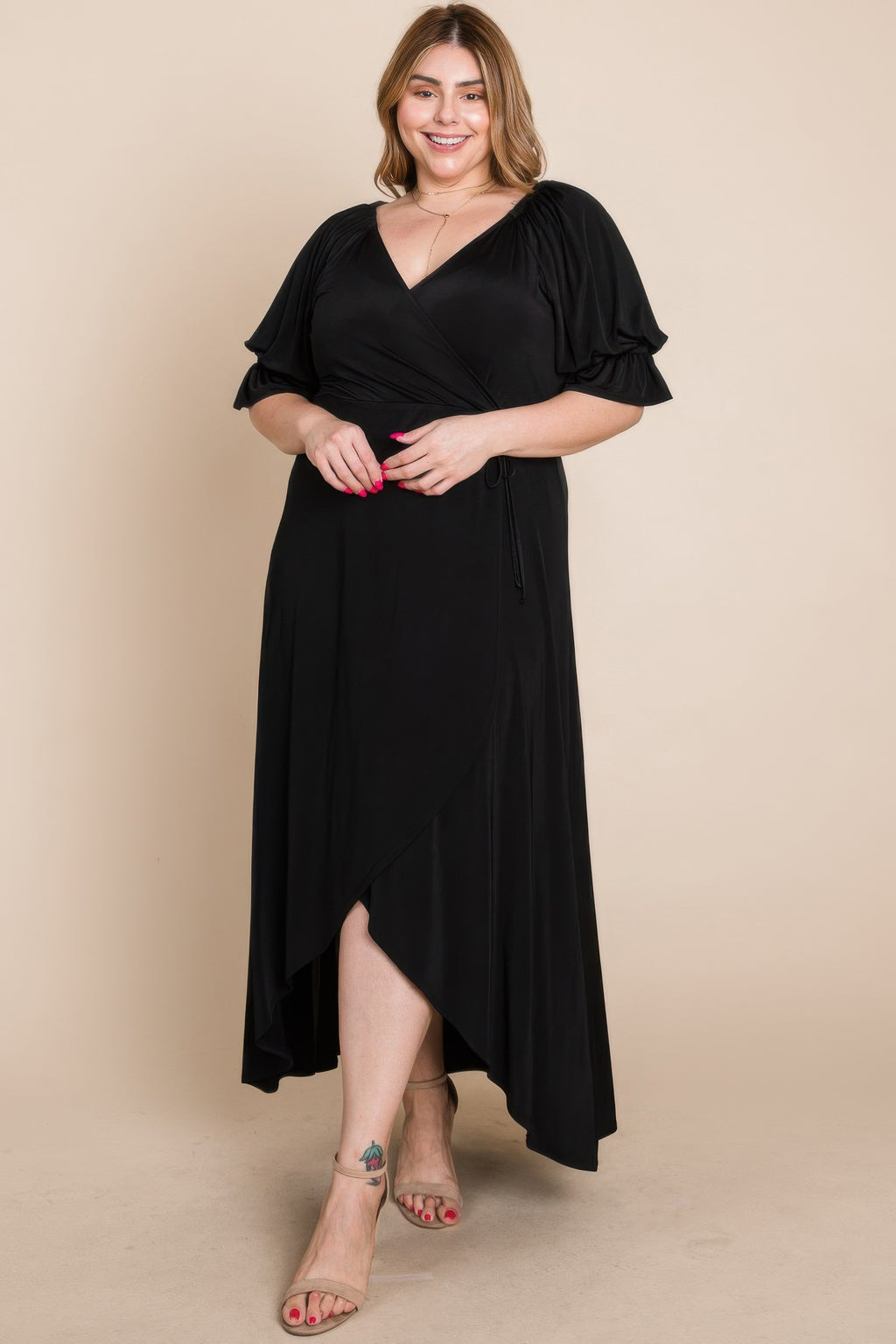 Faux wrap maxi dress in black with V-neck, tie at waist, gathered puff sleeves