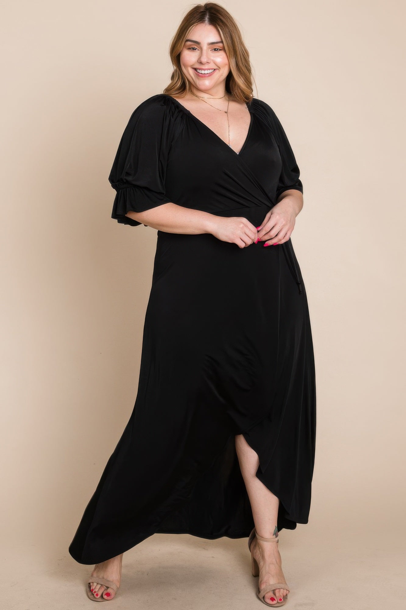 Plus Size black faux wrap maxi dress with V-neck and side slit hem