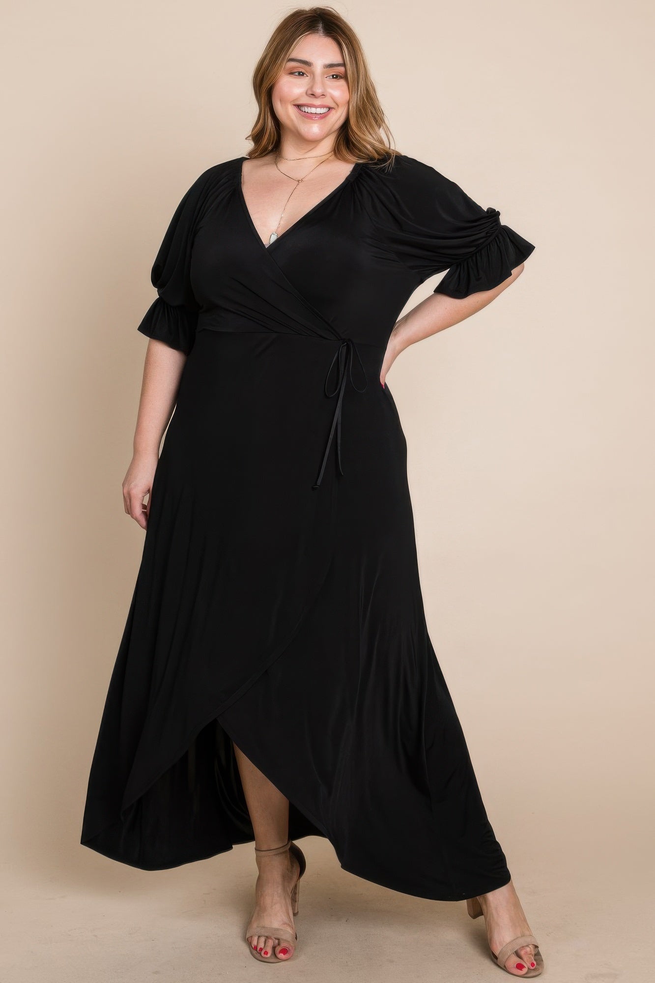 Black faux wrap maxi dress with draped overlap front and short puff sleeves