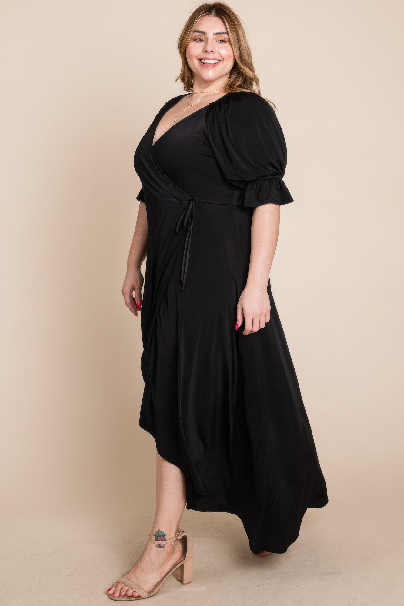 Black faux wrap maxi dress, V-neck, adjustable tie belt, asymmetric maxi hem