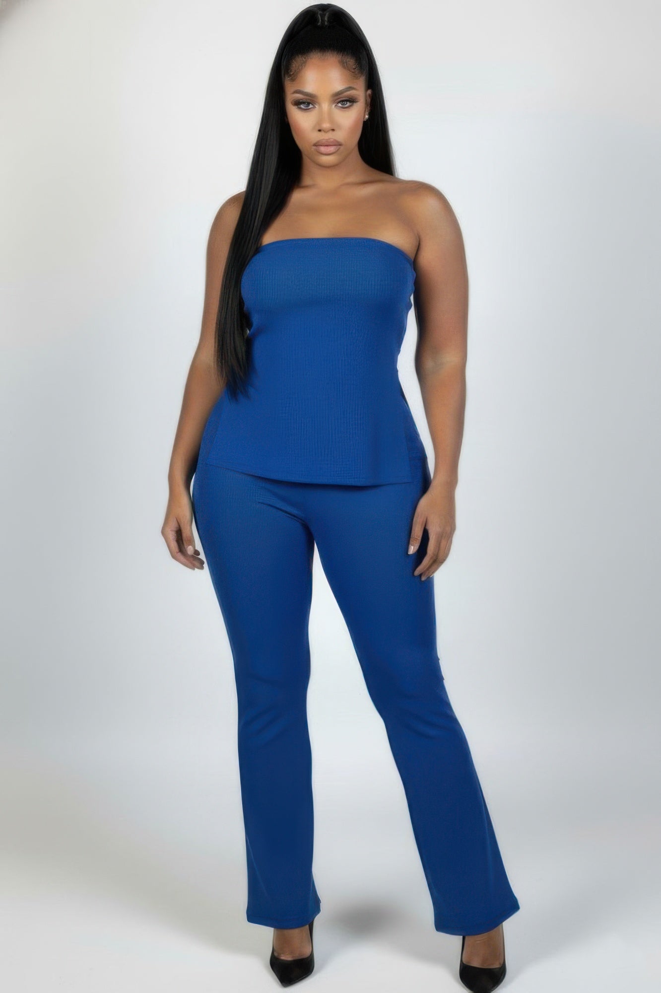 Ultra-fine ribbed slit tube top and flare pants set, royal blue