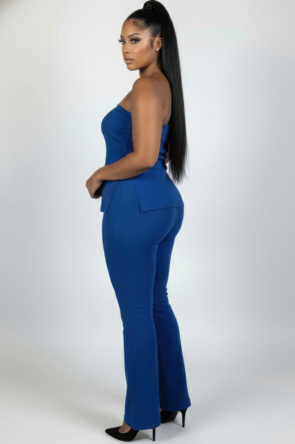 Ribbed tube top and high-waist flare pants set, royal blue, side view