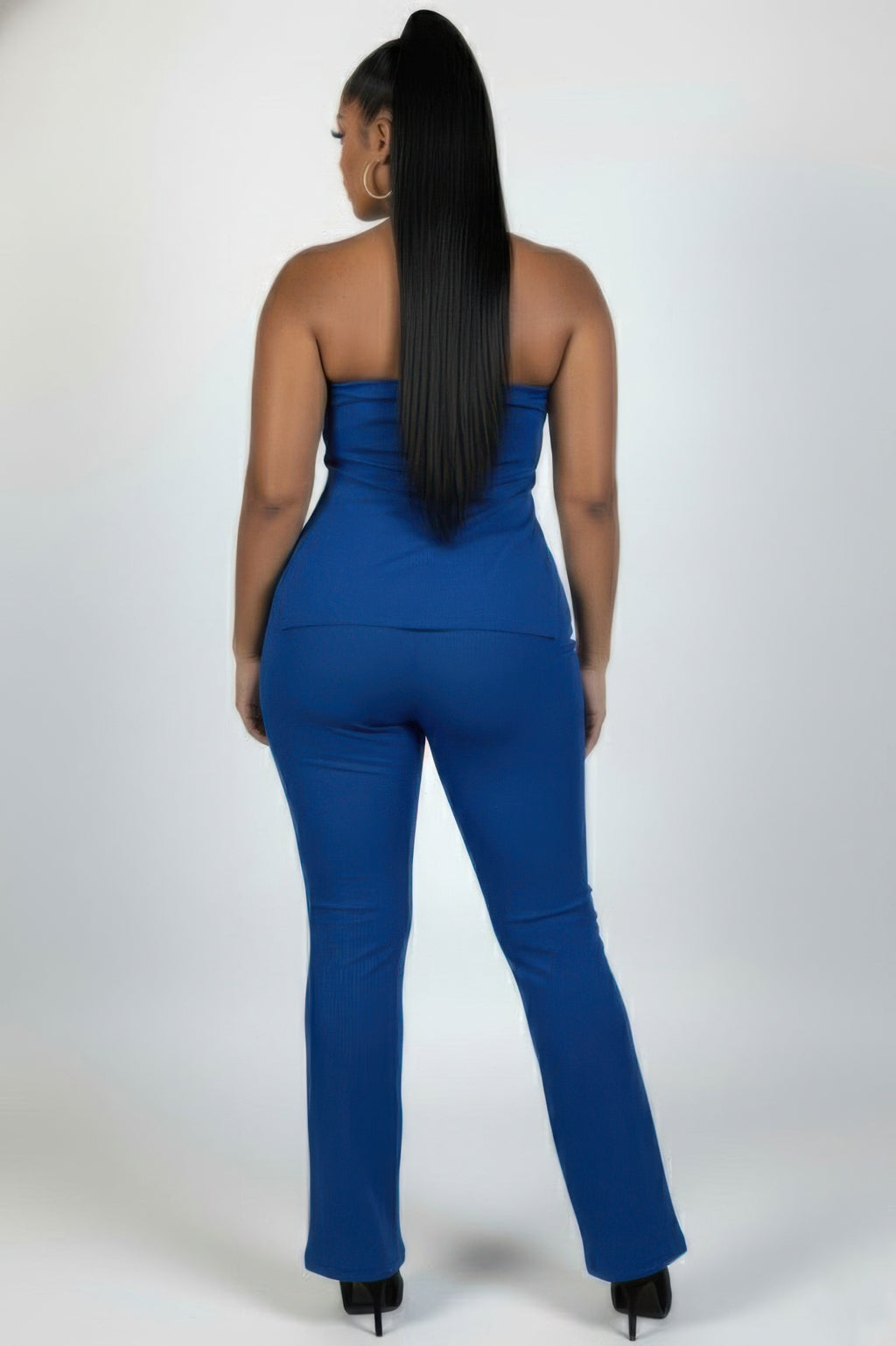 Ribbed slit tube top and flare pants set, royal blue, back view
