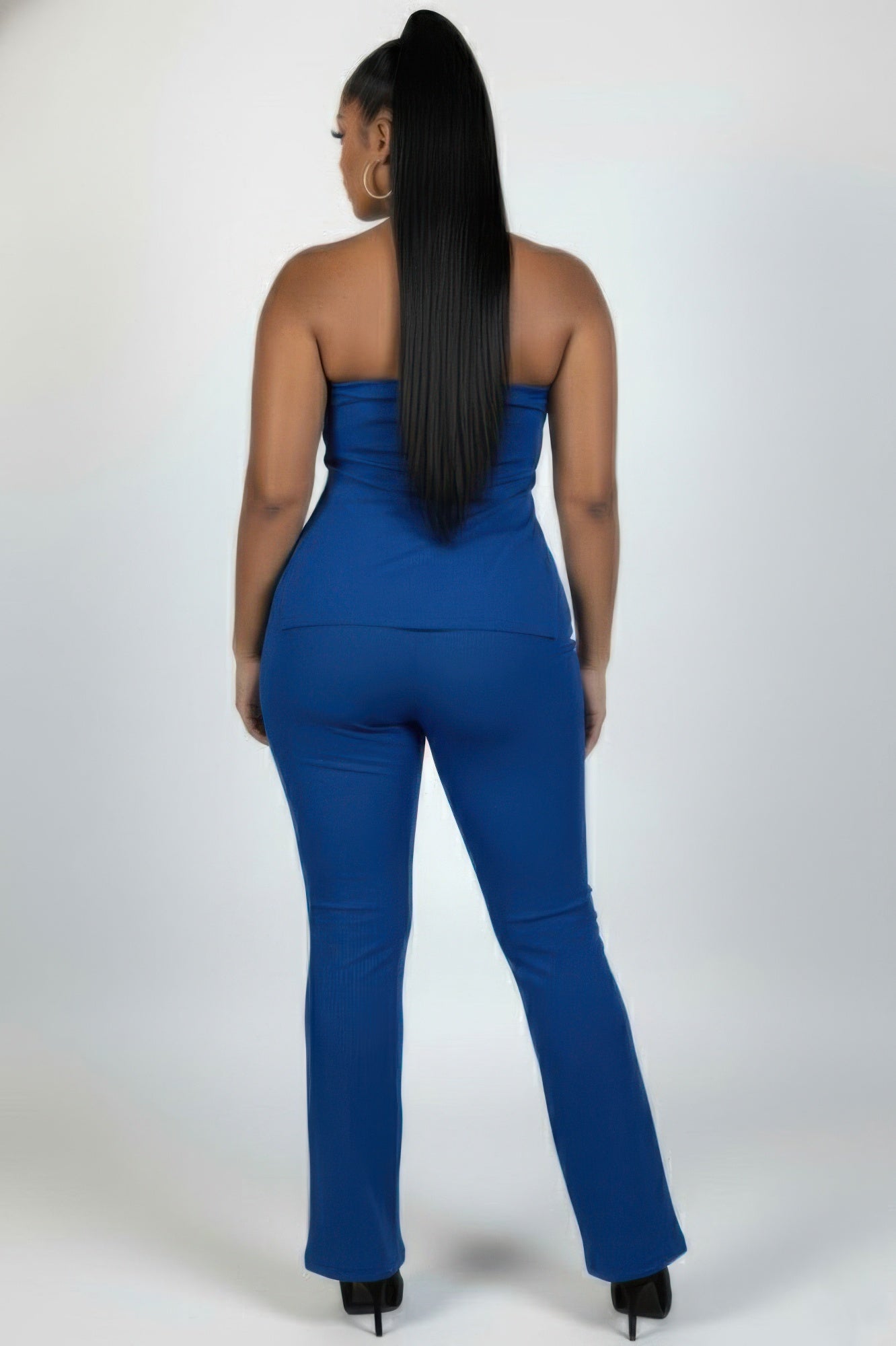 Ribbed slit tube top and flare pants set, royal blue, back view