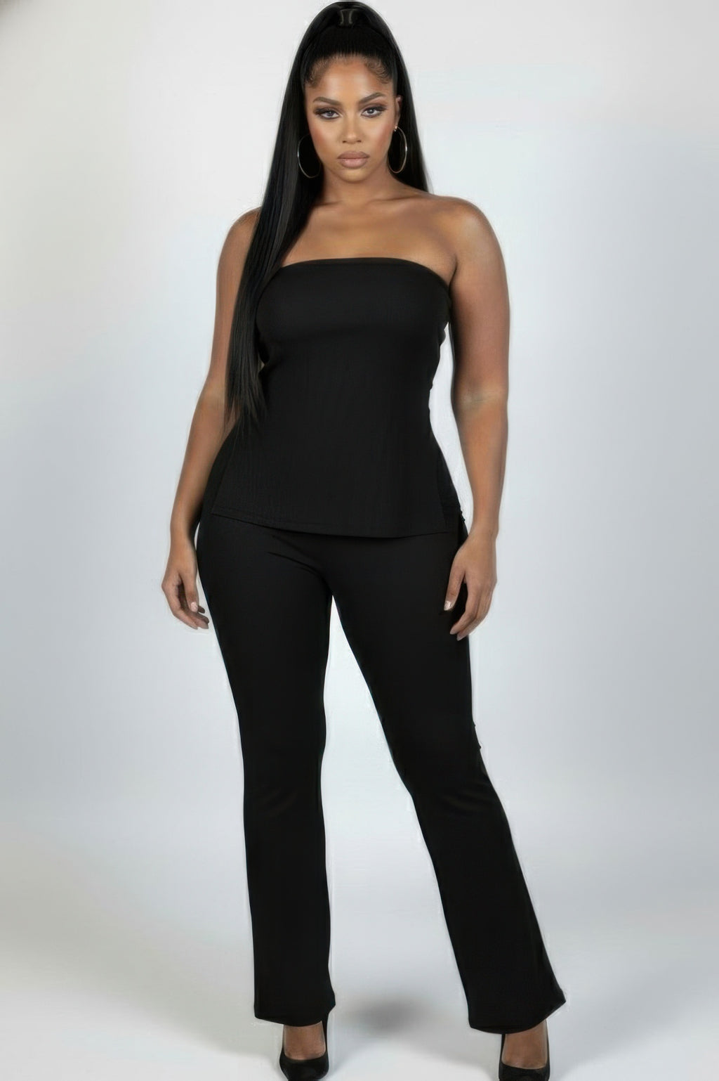 Ultra-fine ribbed slit tube top and flare pants set, black