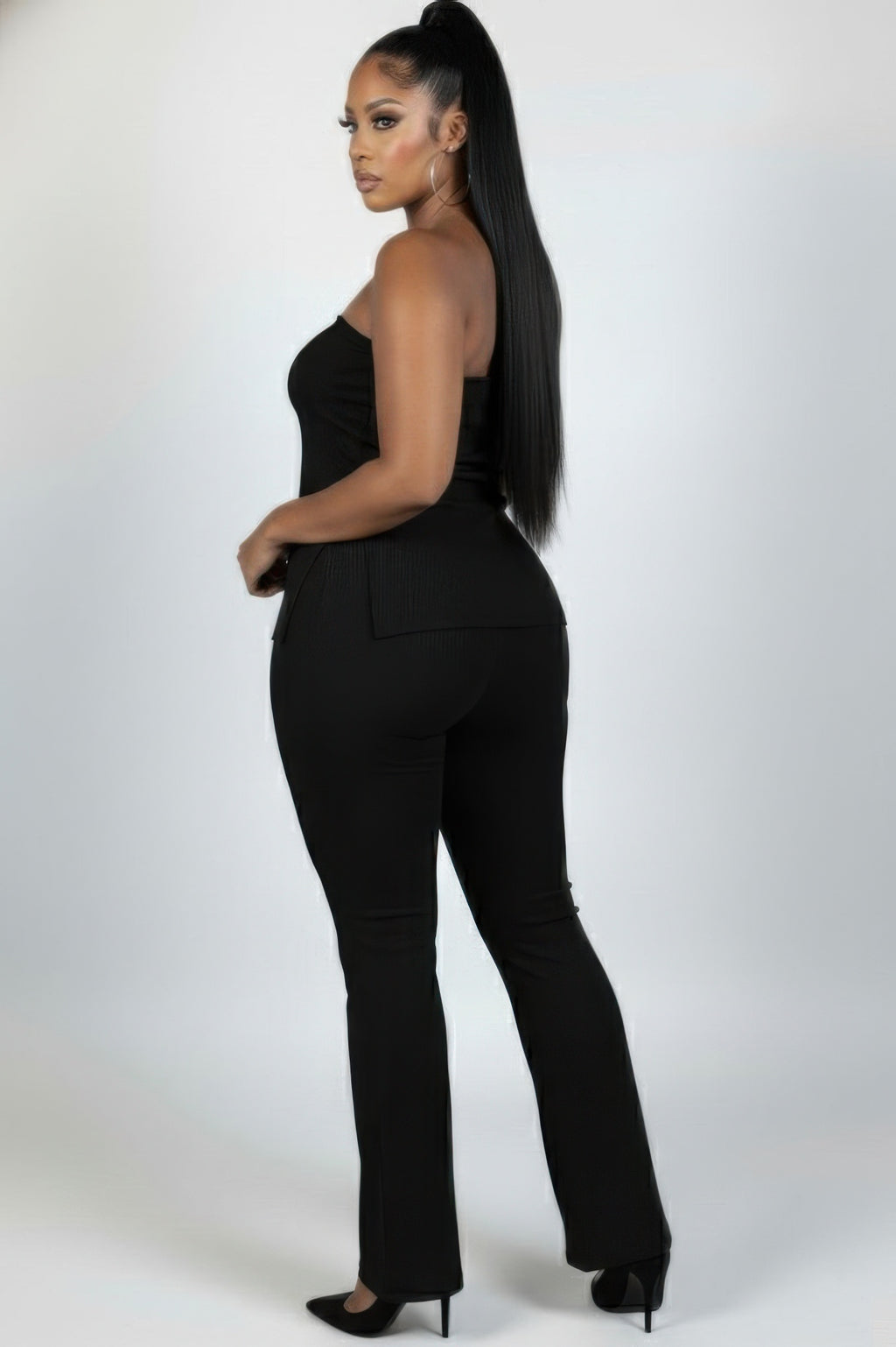Ribbed tube top and high-waist flare pants set, black, side view