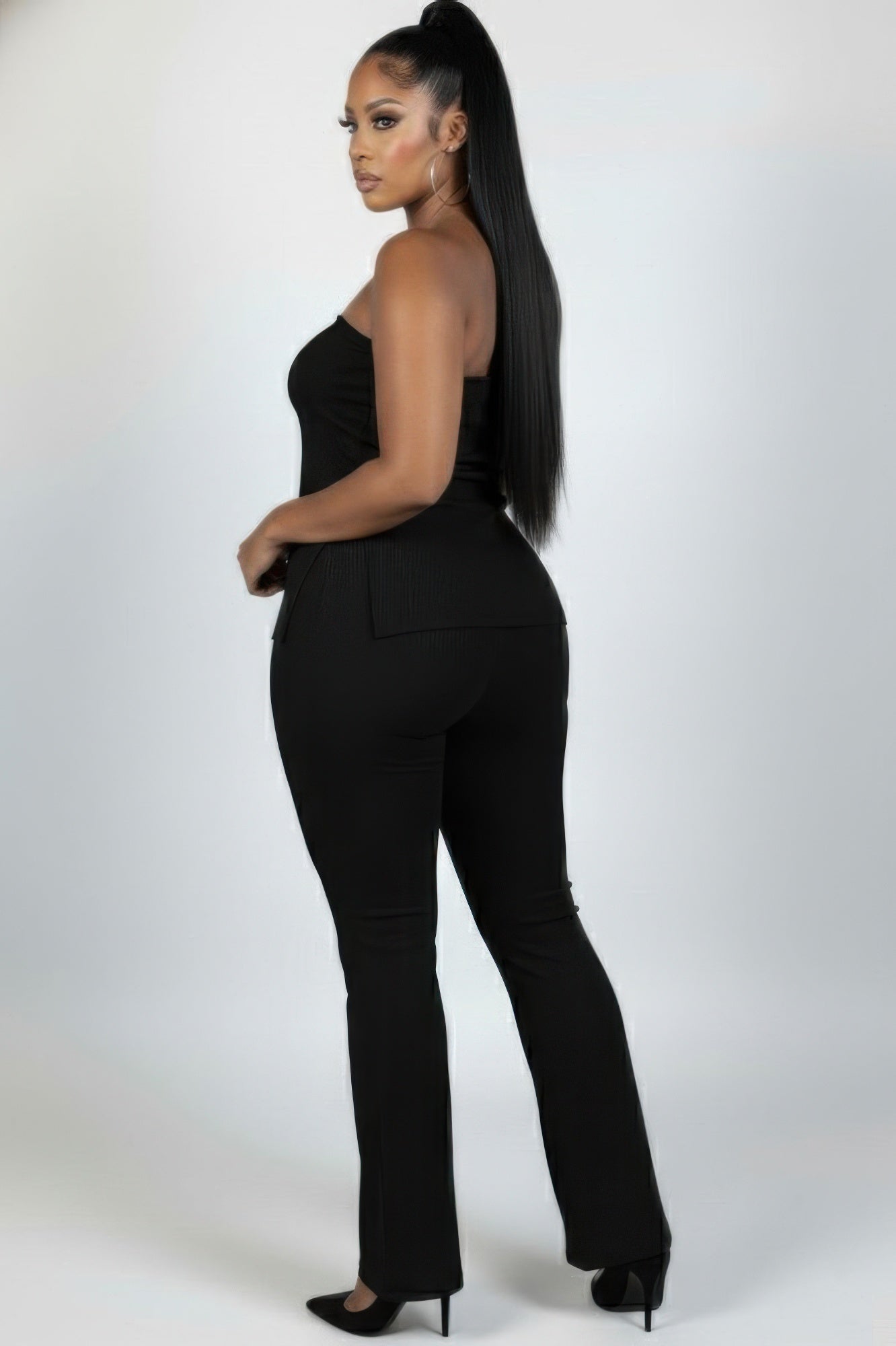 Ribbed tube top and high-waist flare pants set, black, side view