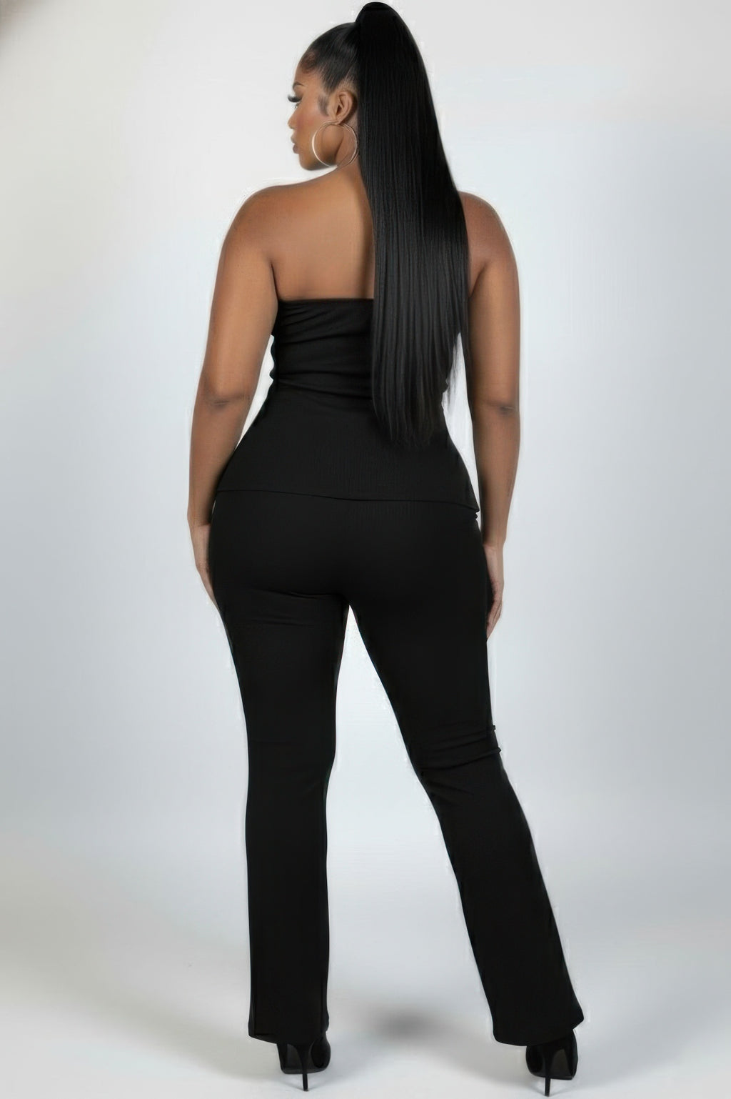 Ribbed slit tube top and flare pants set, black, back view