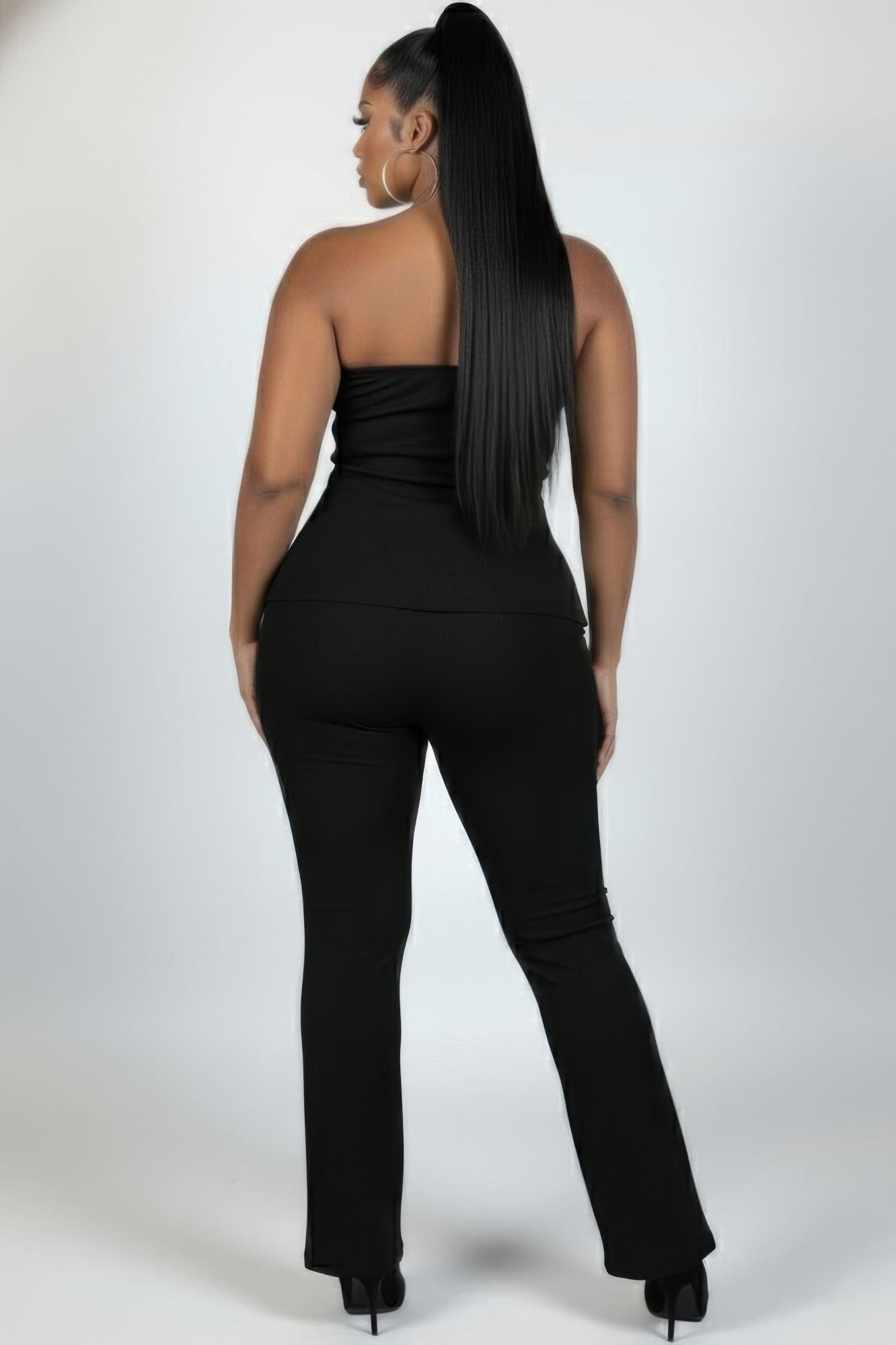 Ribbed slit tube top and flare pants set, black, back view