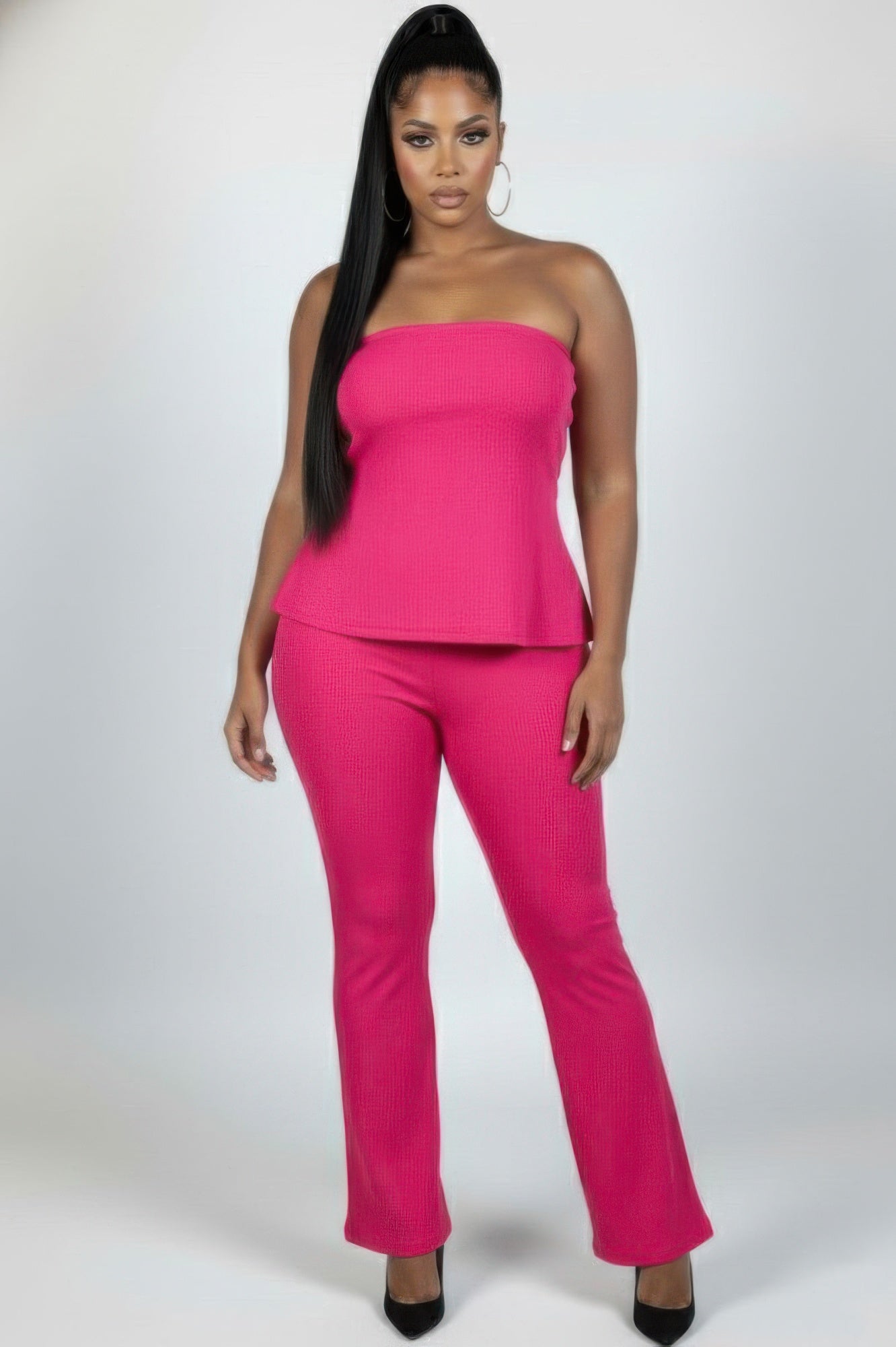 Ultra-fine ribbed slit tube top and flare pants set, fuchsia pink