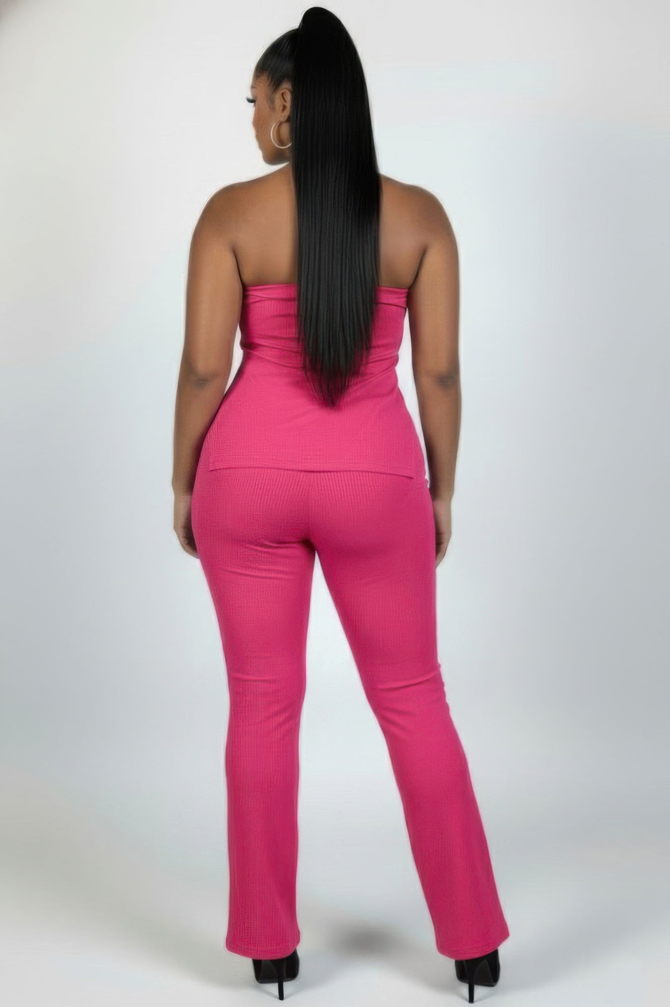Ribbed slit tube top and flare pants set, fuchsia pink, back view