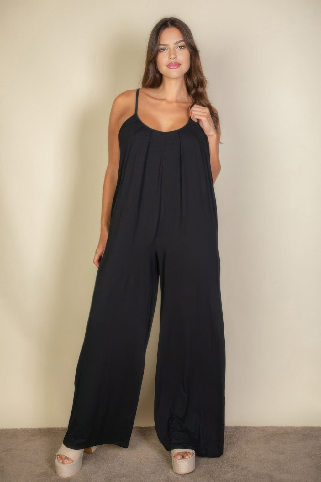 Plus wide-leg jumpsuit with spaghetti straps, solid dark/black