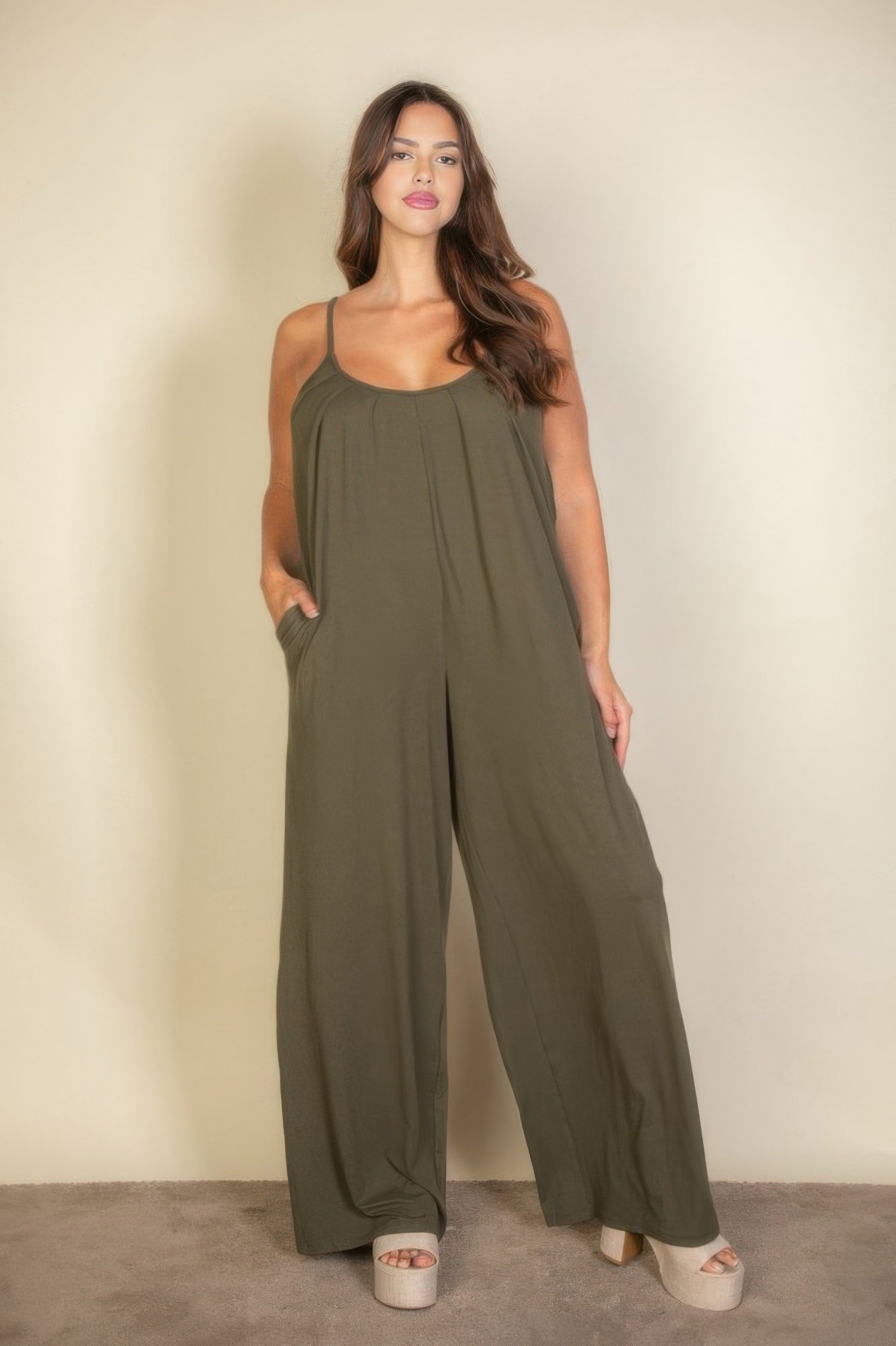 Plus solid spaghetti-strap wide-leg jumpsuit in olive green, scoop neckline