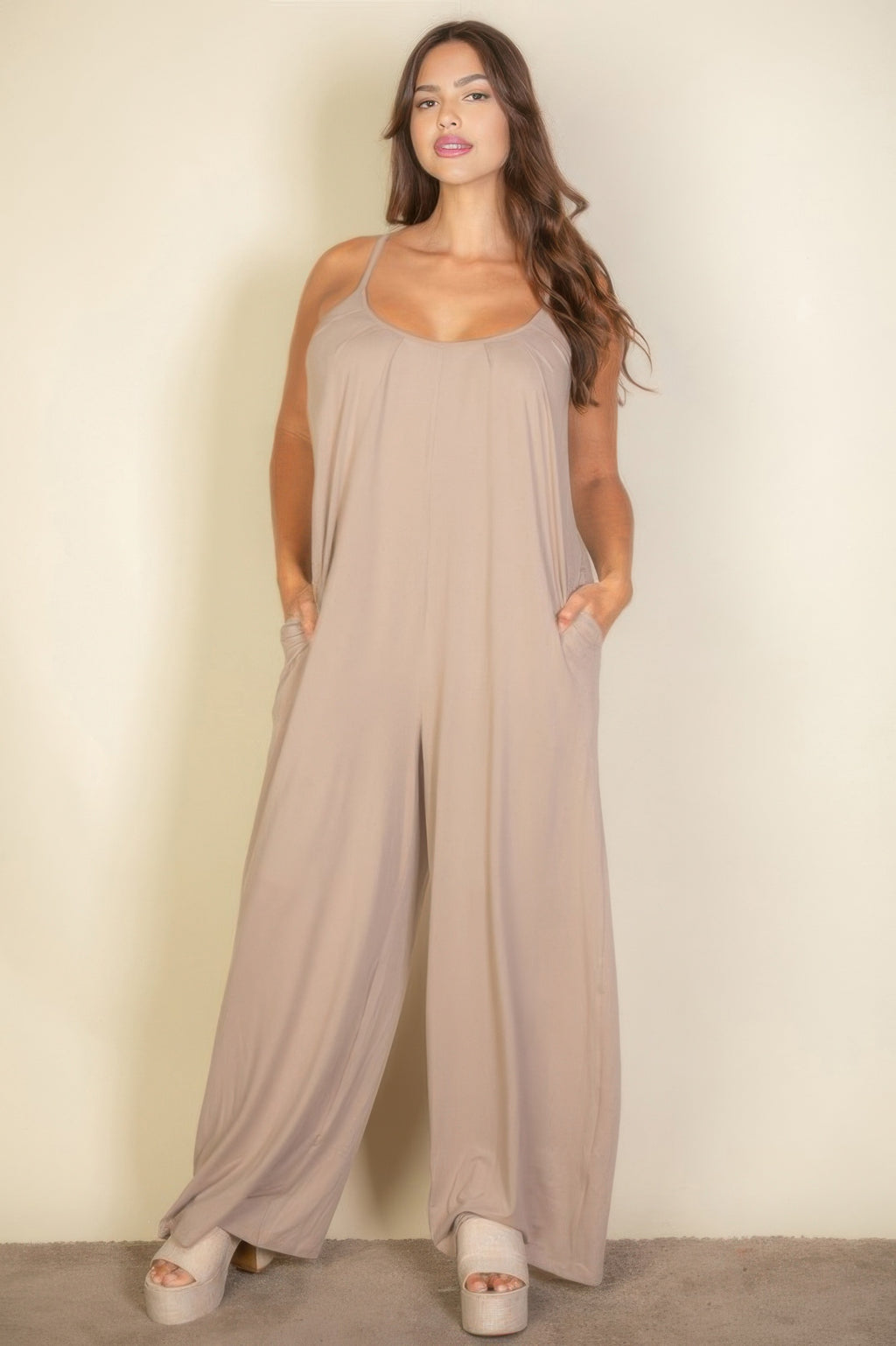 Plus solid wide-leg jumpsuit with spaghetti straps in taupe, sleeveless scoop