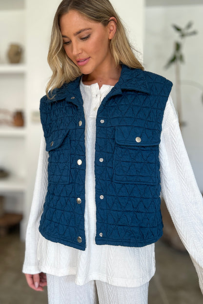Pocketed Texture Snap Down Vest Coat - Tigbul's Variety Fashion Shop