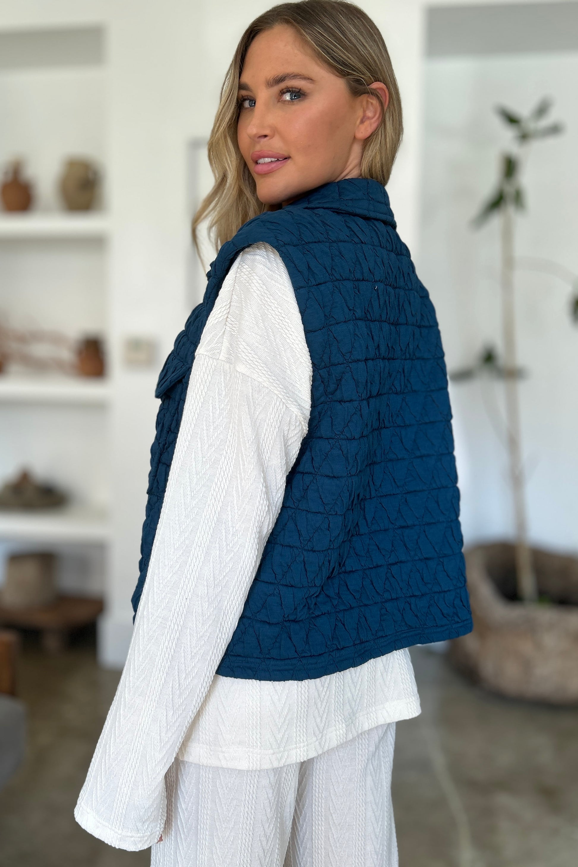 Pocketed Texture Snap Down Vest Coat - Tigbul's Variety Fashion Shop