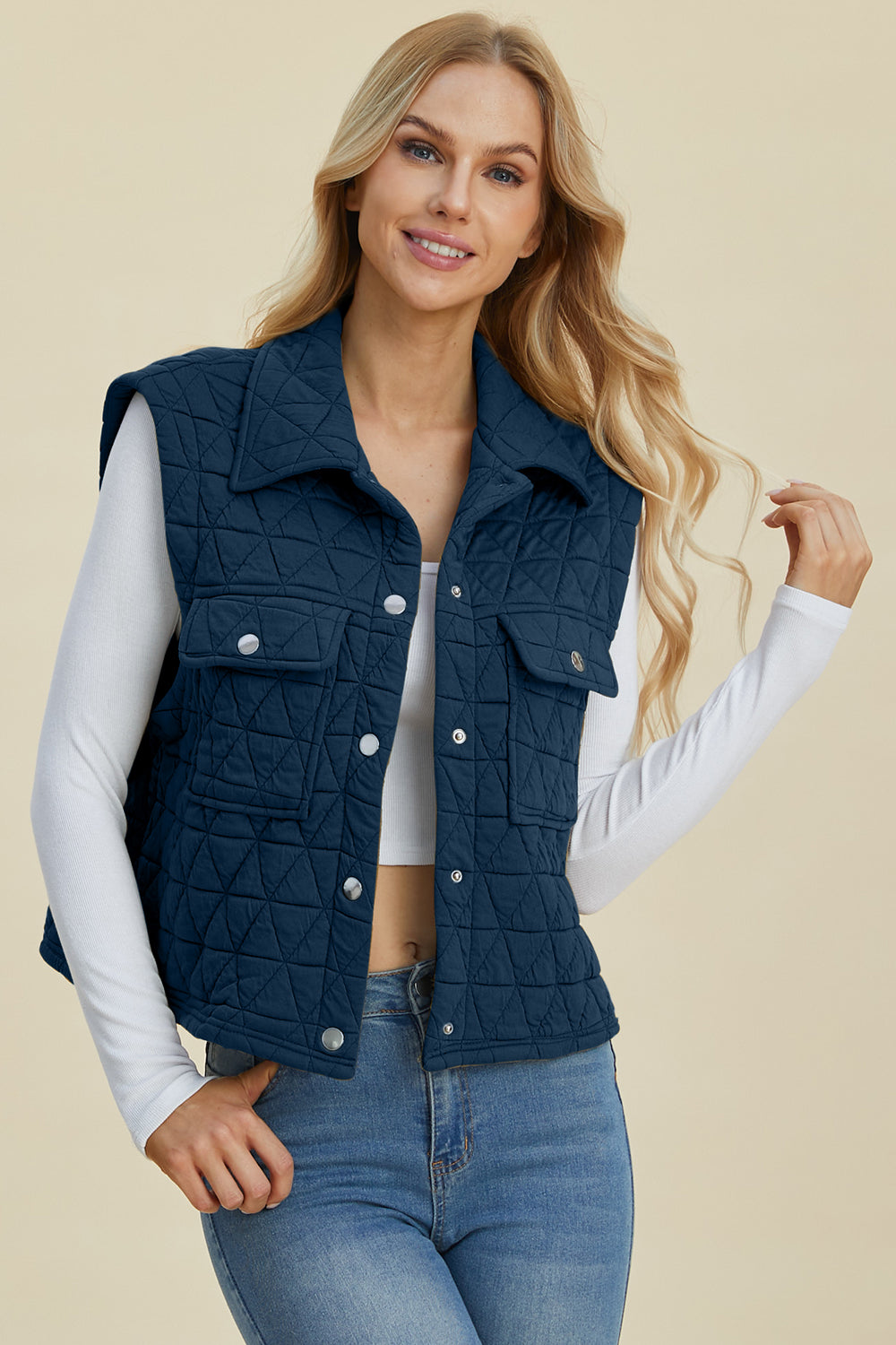 Pocketed Texture Snap Down Vest Coat - Tigbul's Variety Fashion Shop