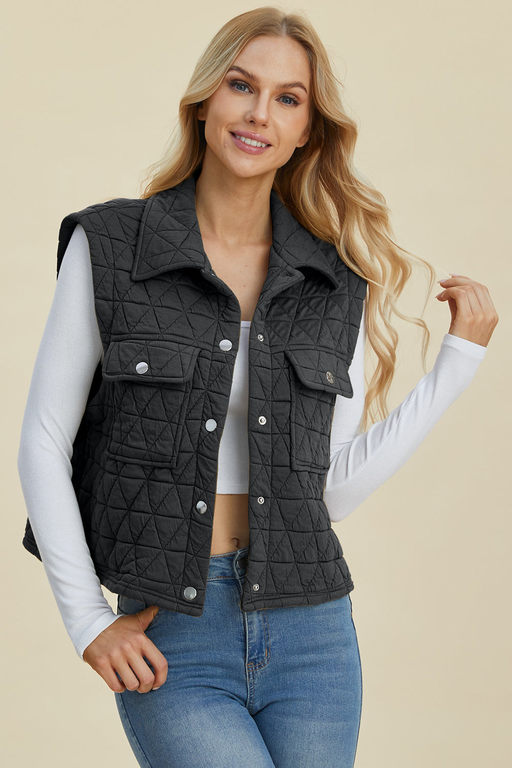 Pocketed Texture Snap Down Vest Coat - Tigbul's Variety Fashion Shop