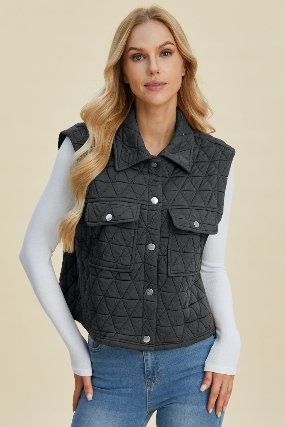 Pocketed Texture Snap Down Vest Coat - Tigbul's Variety Fashion Shop