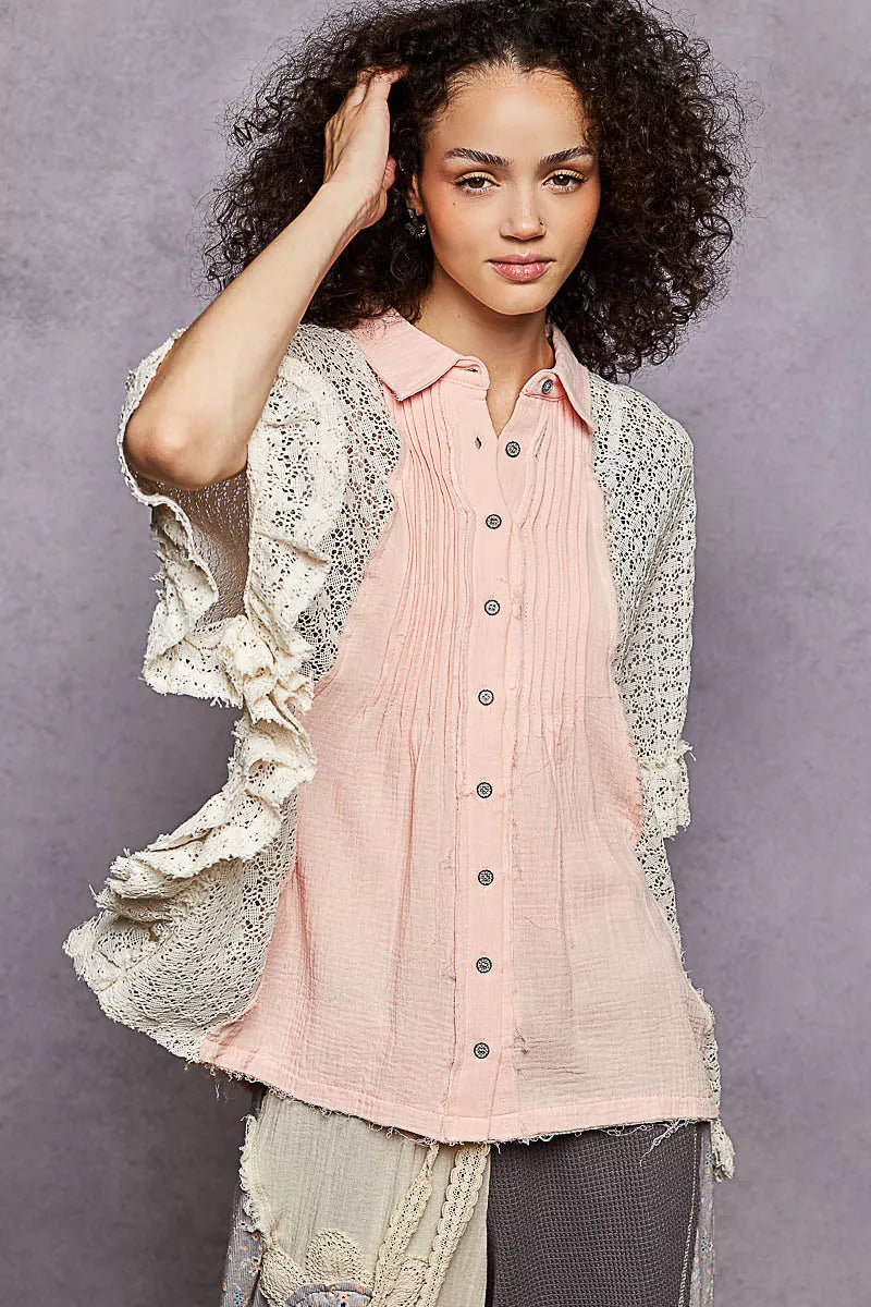 Baby pink button-down shirt with pleated front and crochet patch sleeves
