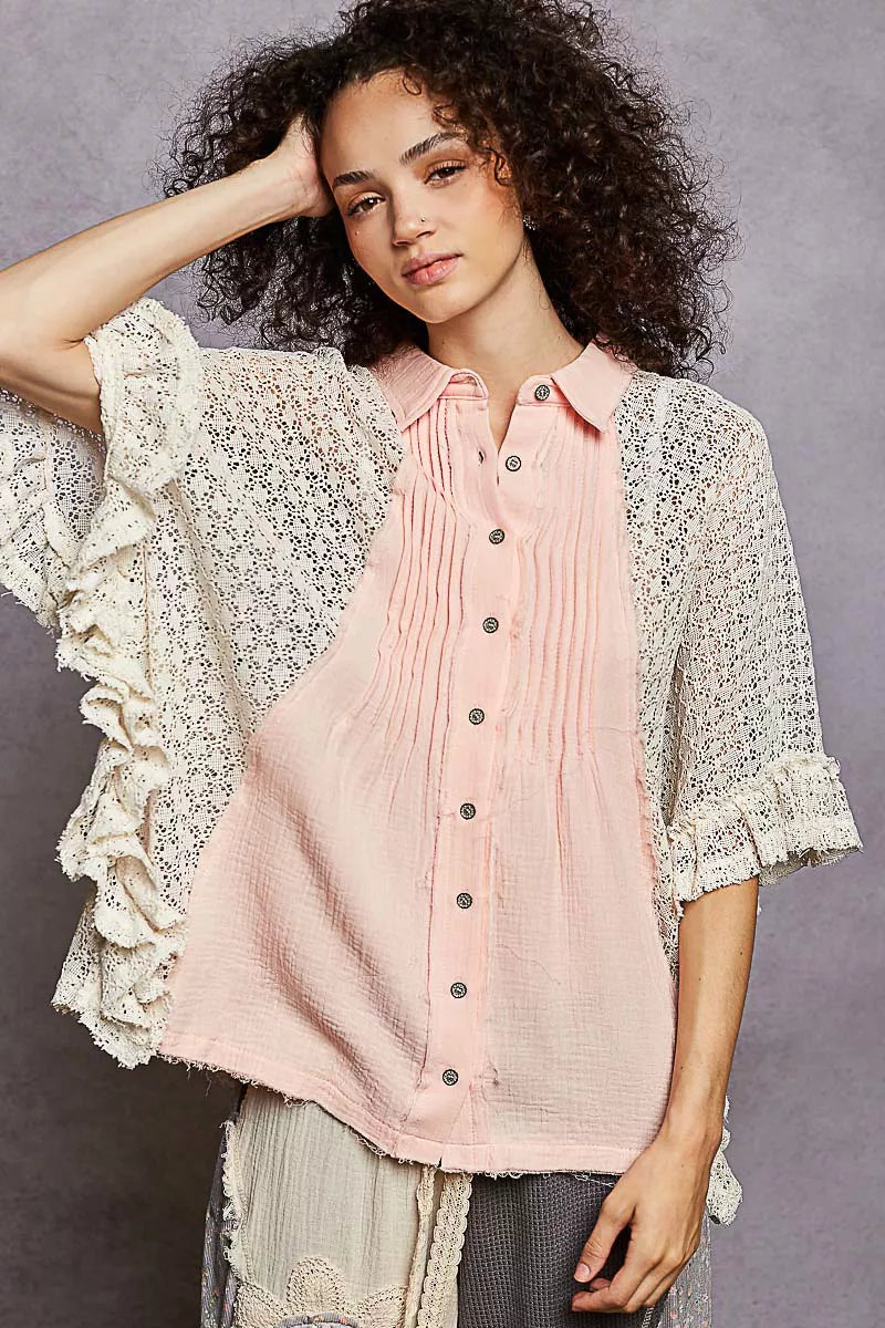 Baby pink button-down shirt with pleated front; crochet-trim sleeves and collar