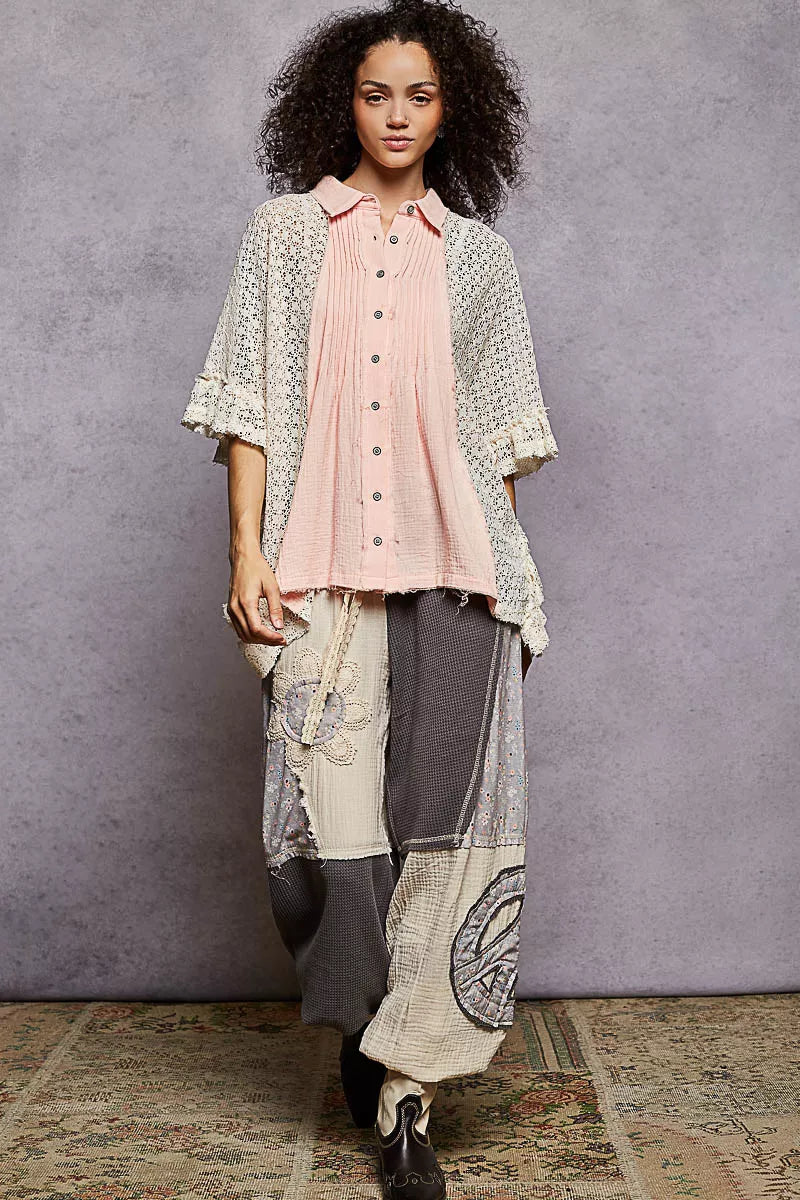 Baby pink button-down shirt with pleated front and crochet patch kimono sleeves
